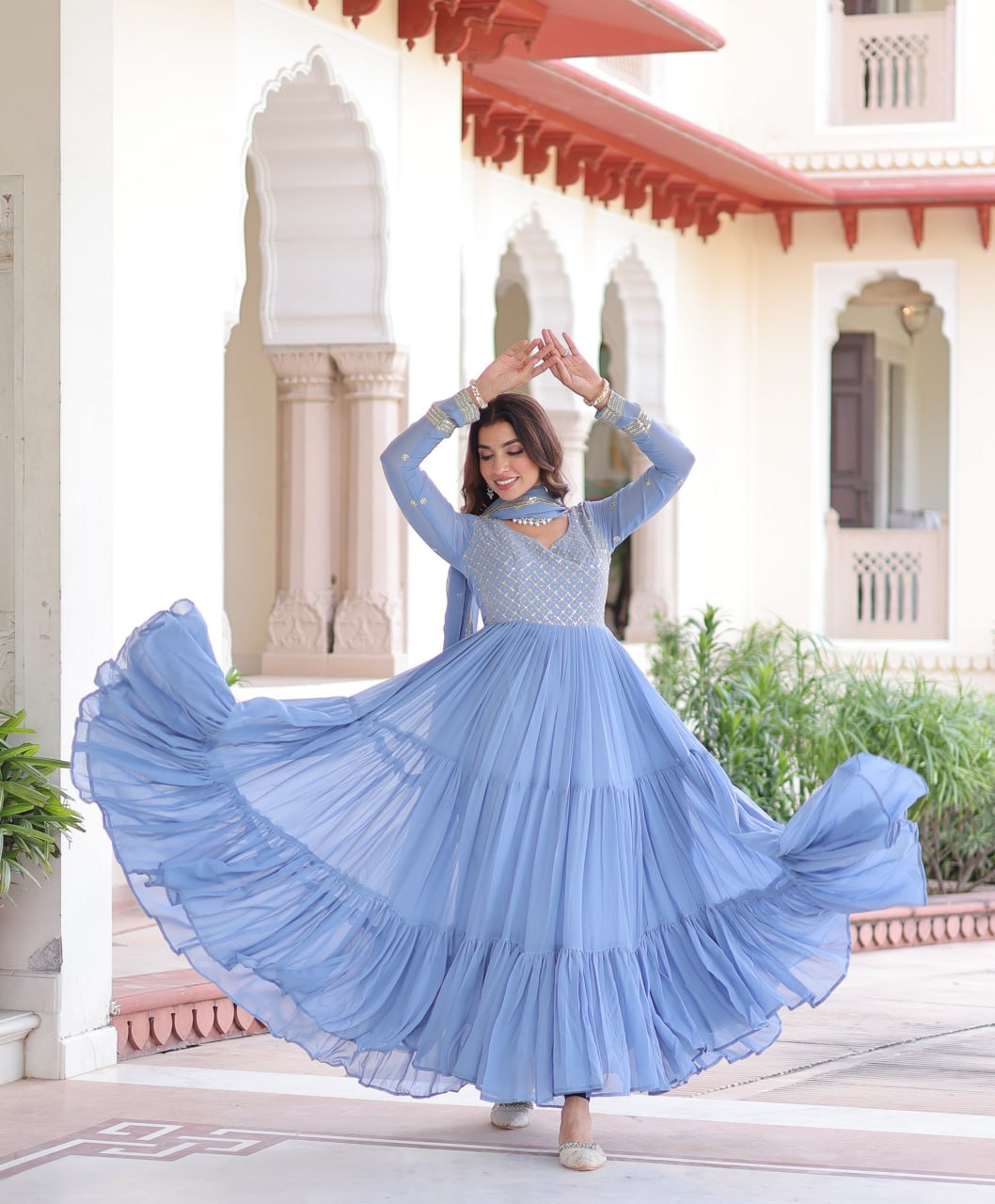 Designer Faux Georgette Frill Gown with Dupatta | Sequins & Zari Embroidered Wedding & Festive Wear Anarkali Gown