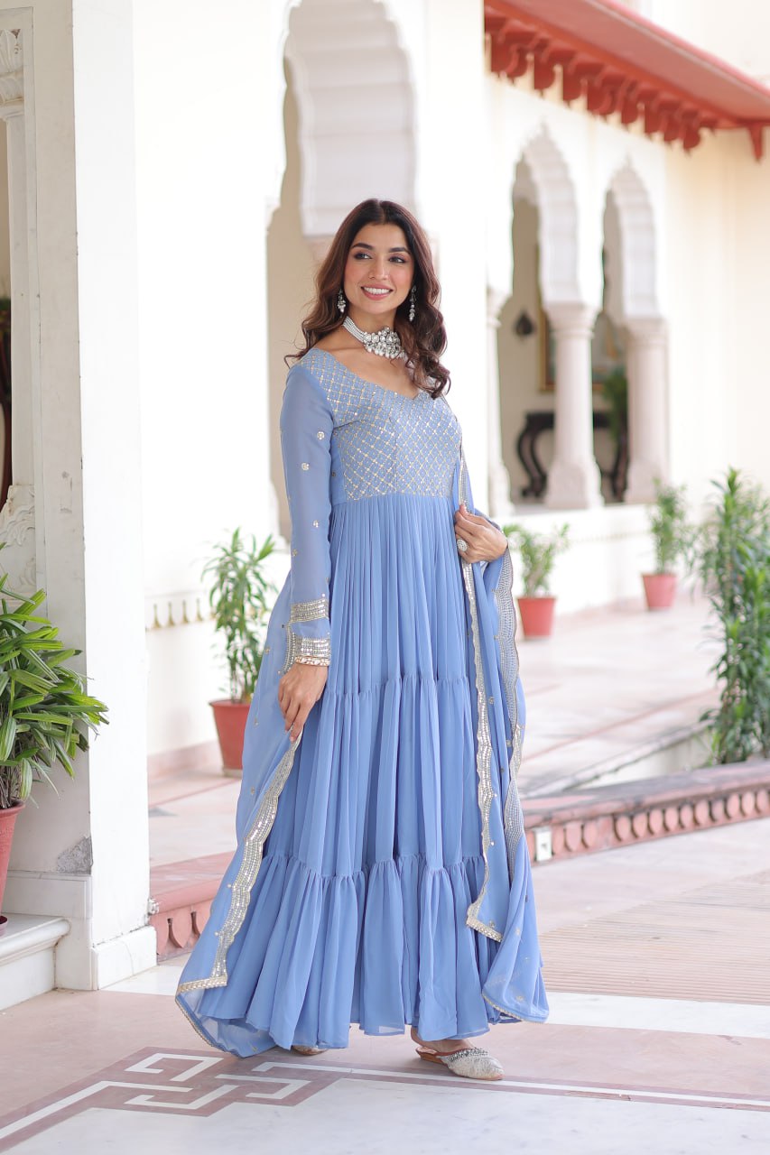 Designer Faux Georgette Frill Gown with Dupatta | Sequins & Zari Embroidered Wedding & Festive Wear Anarkali Gown