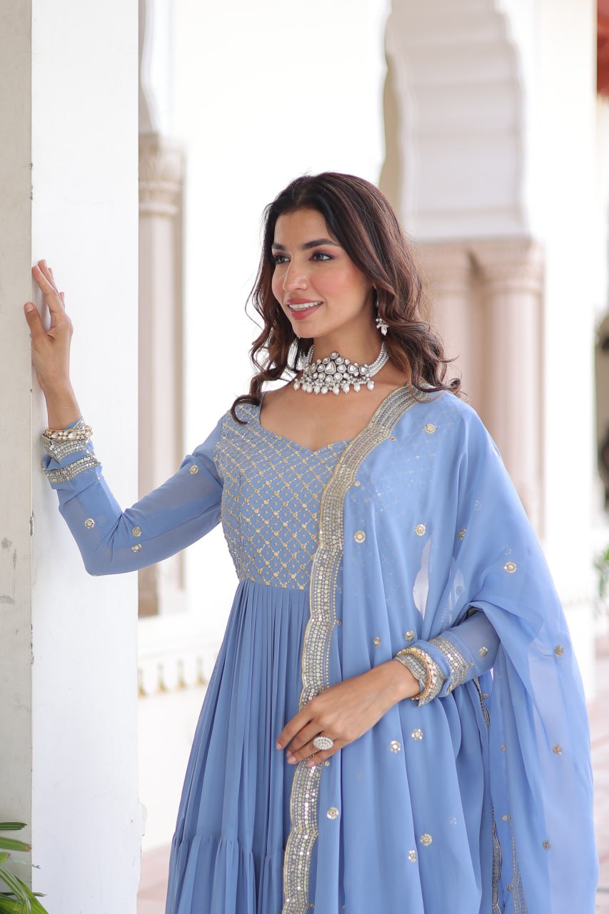 Designer Faux Georgette Frill Gown with Dupatta | Sequins & Zari Embroidered Wedding & Festive Wear Anarkali Gown