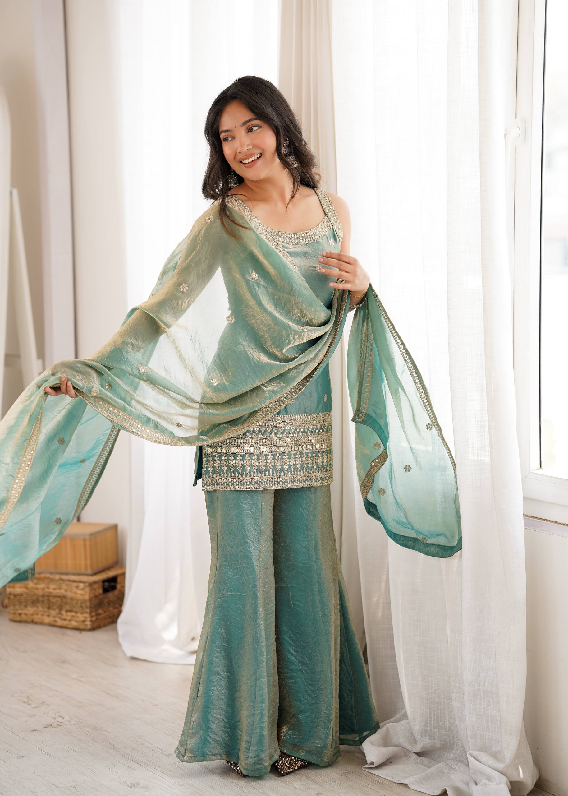 Embroidered Fendy Silk Kurta Palazzo Set with Dupatta