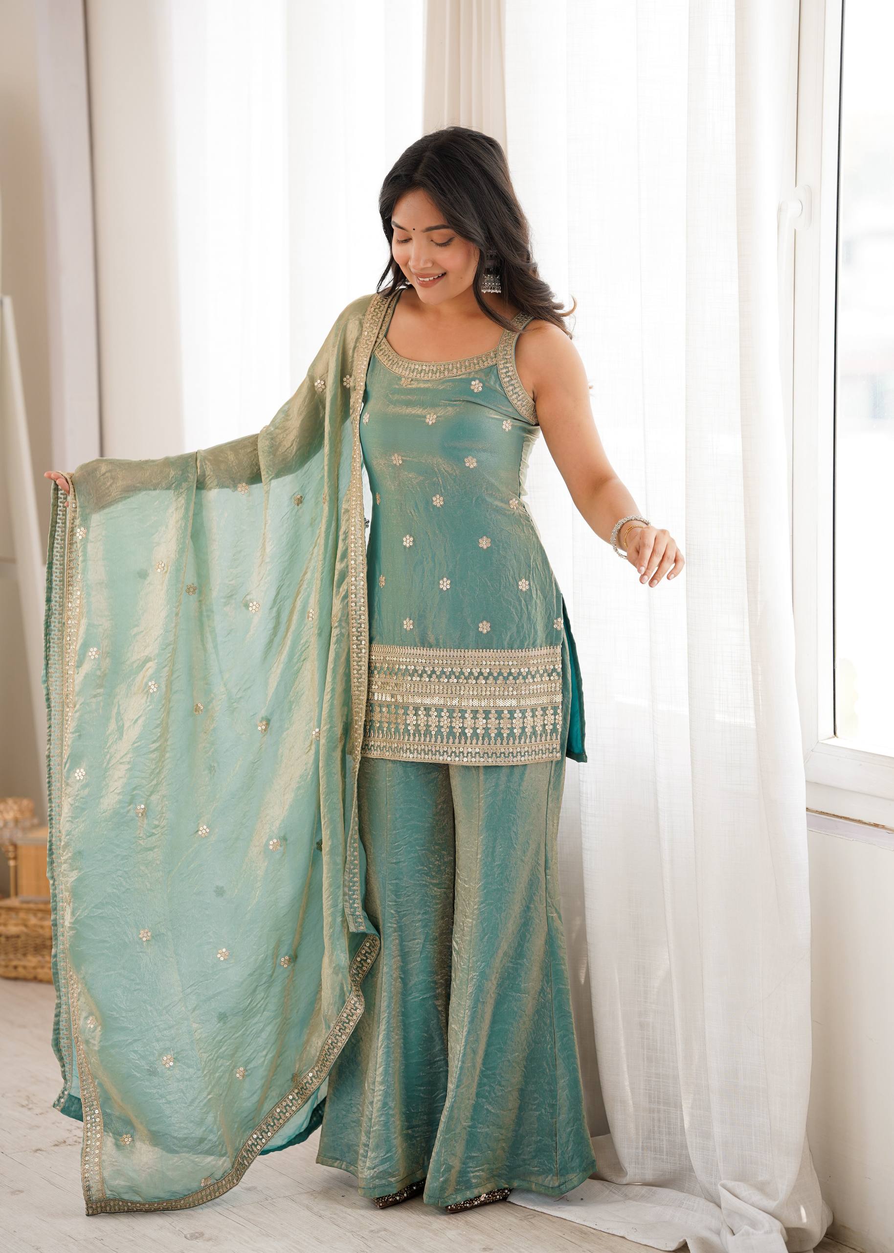 Embroidered Fendy Silk Kurta Palazzo Set with Dupatta