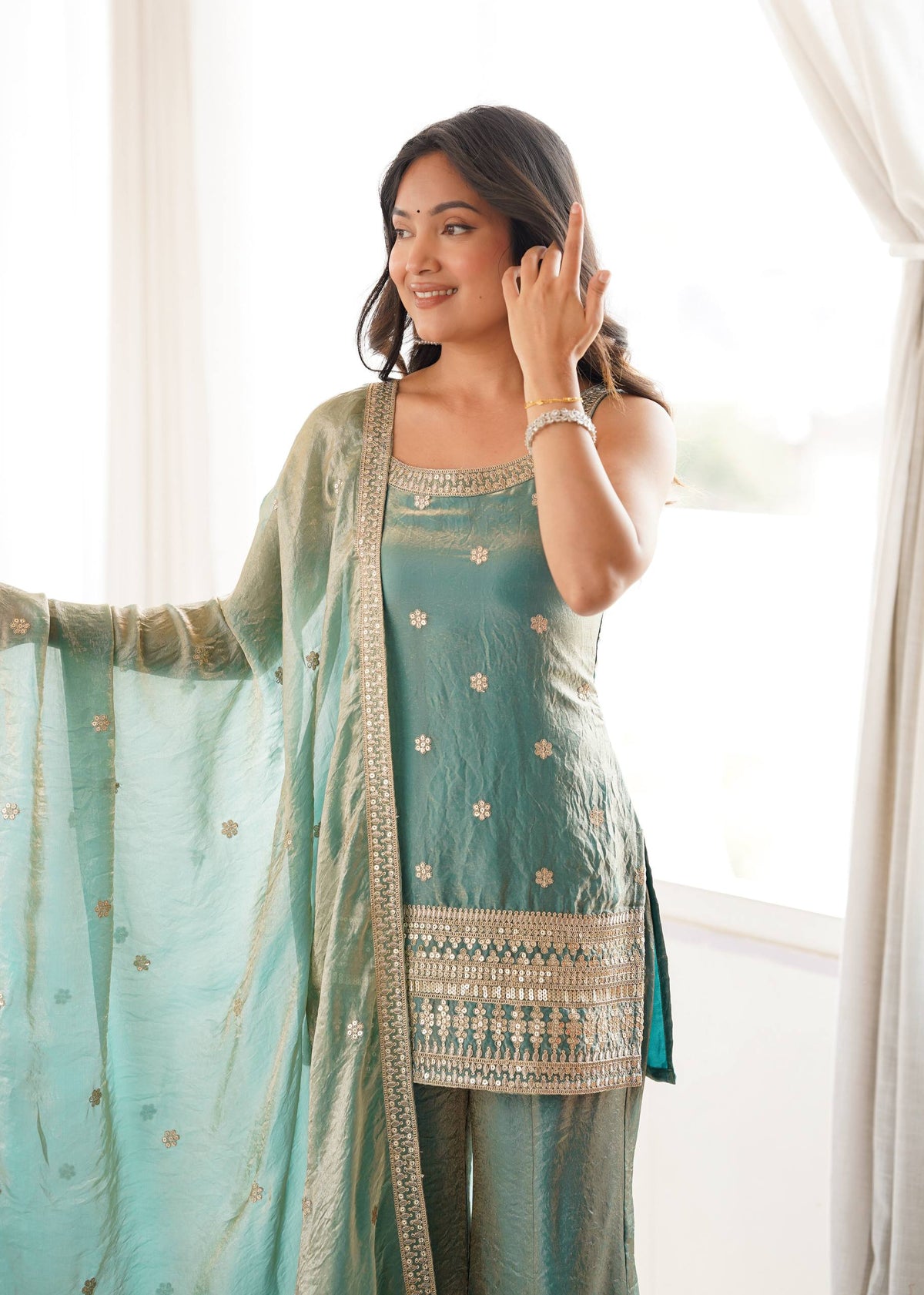 Embroidered Fendy Silk Kurta Palazzo Set with Dupatta