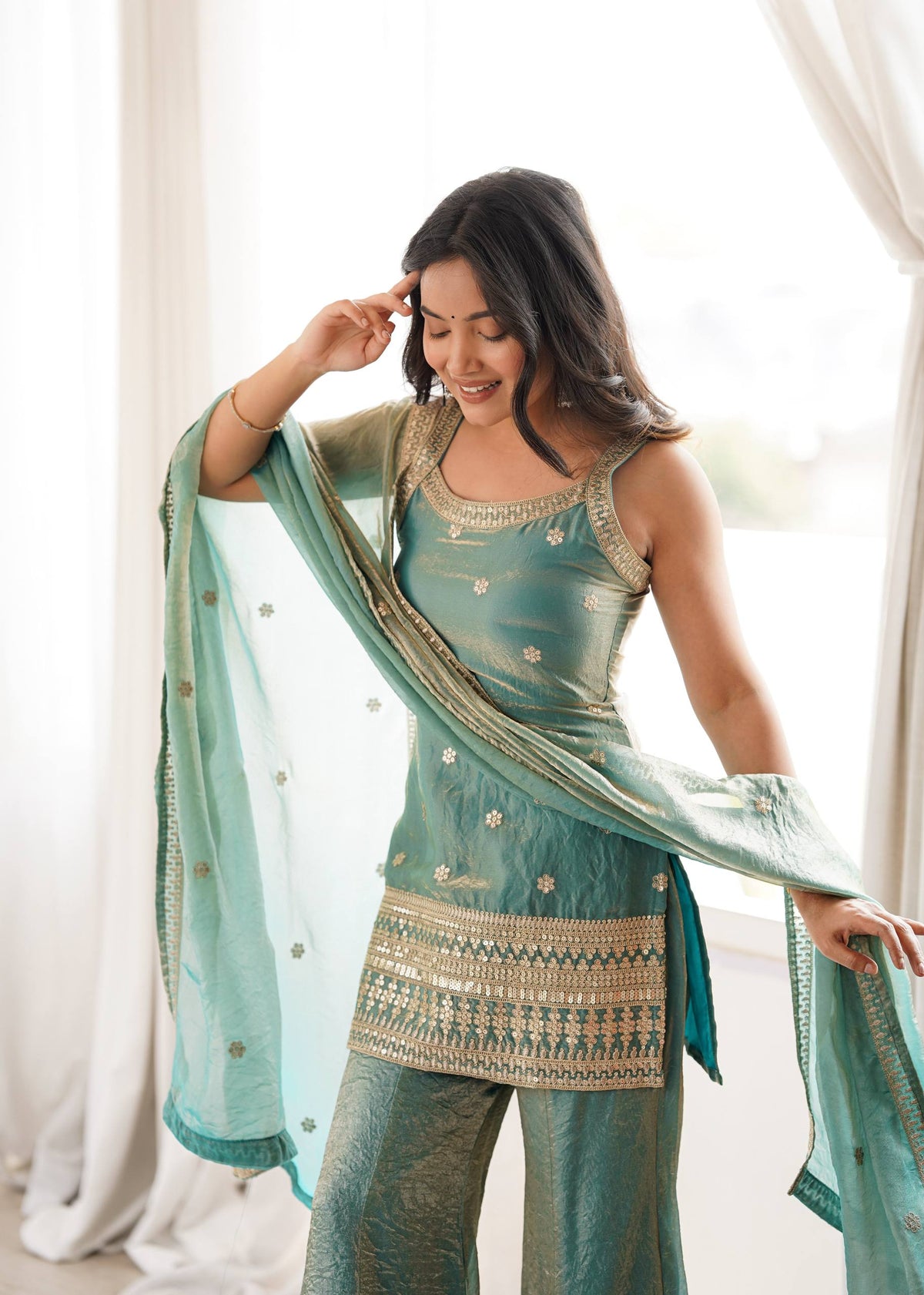 Embroidered Fendy Silk Kurta Palazzo Set with Dupatta