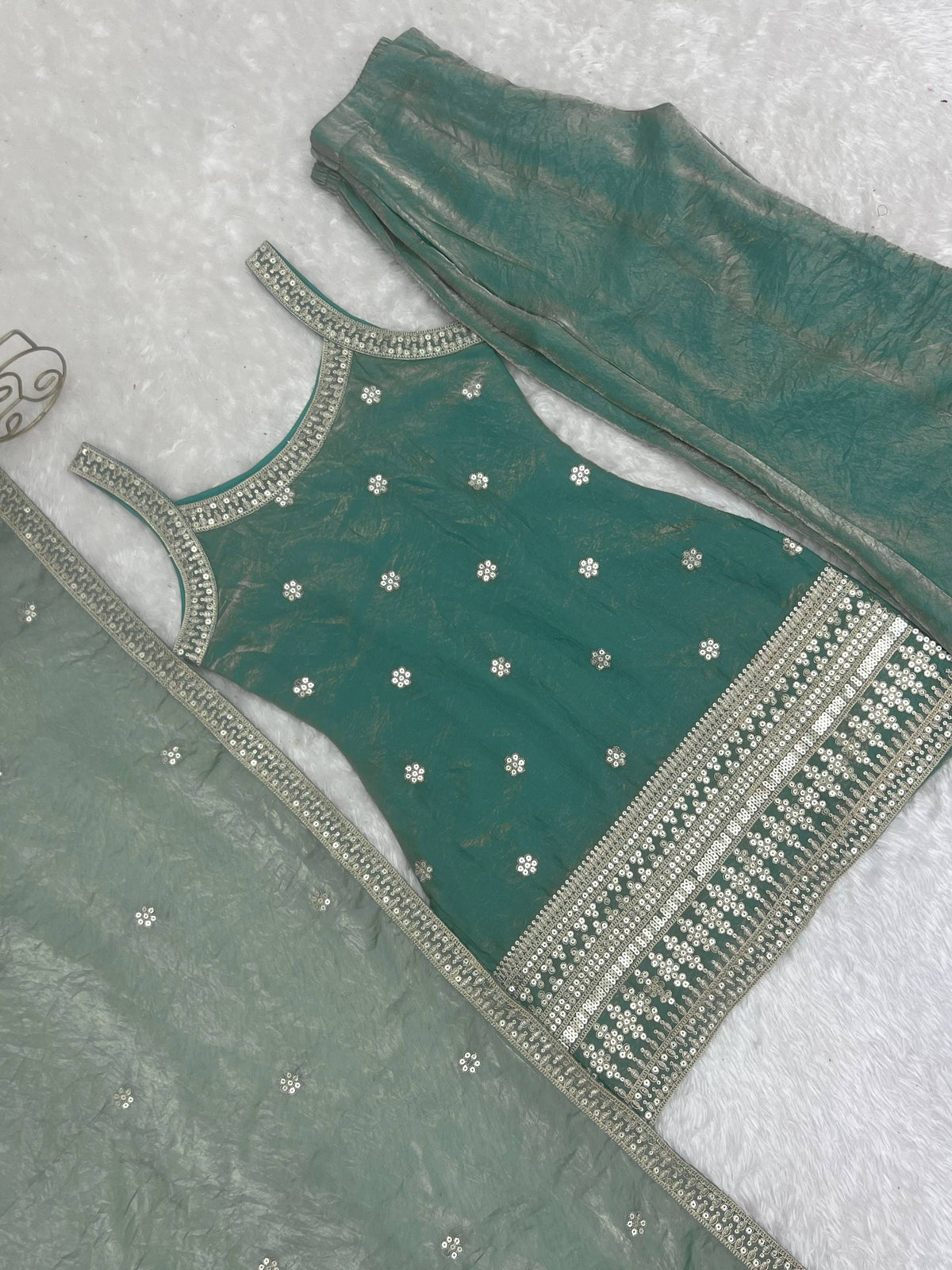 Embroidered Fendy Silk Kurta Palazzo Set with Dupatta