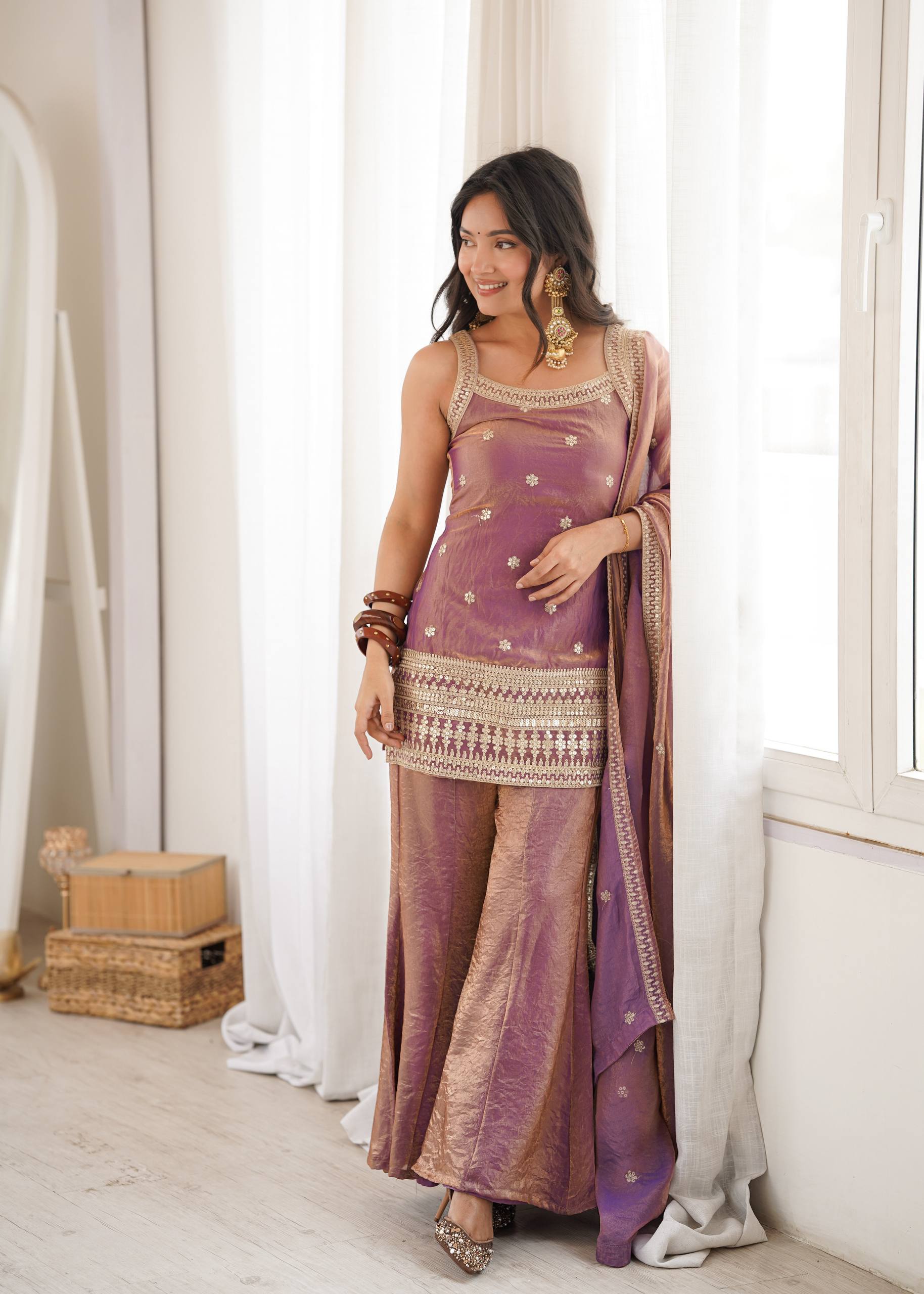 Embroidered Fendy Silk Kurta Palazzo Set with Dupatta