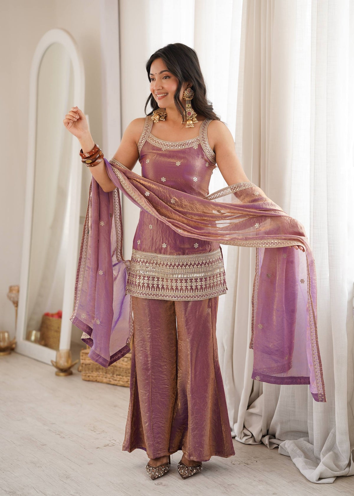 Embroidered Fendy Silk Kurta Palazzo Set with Dupatta