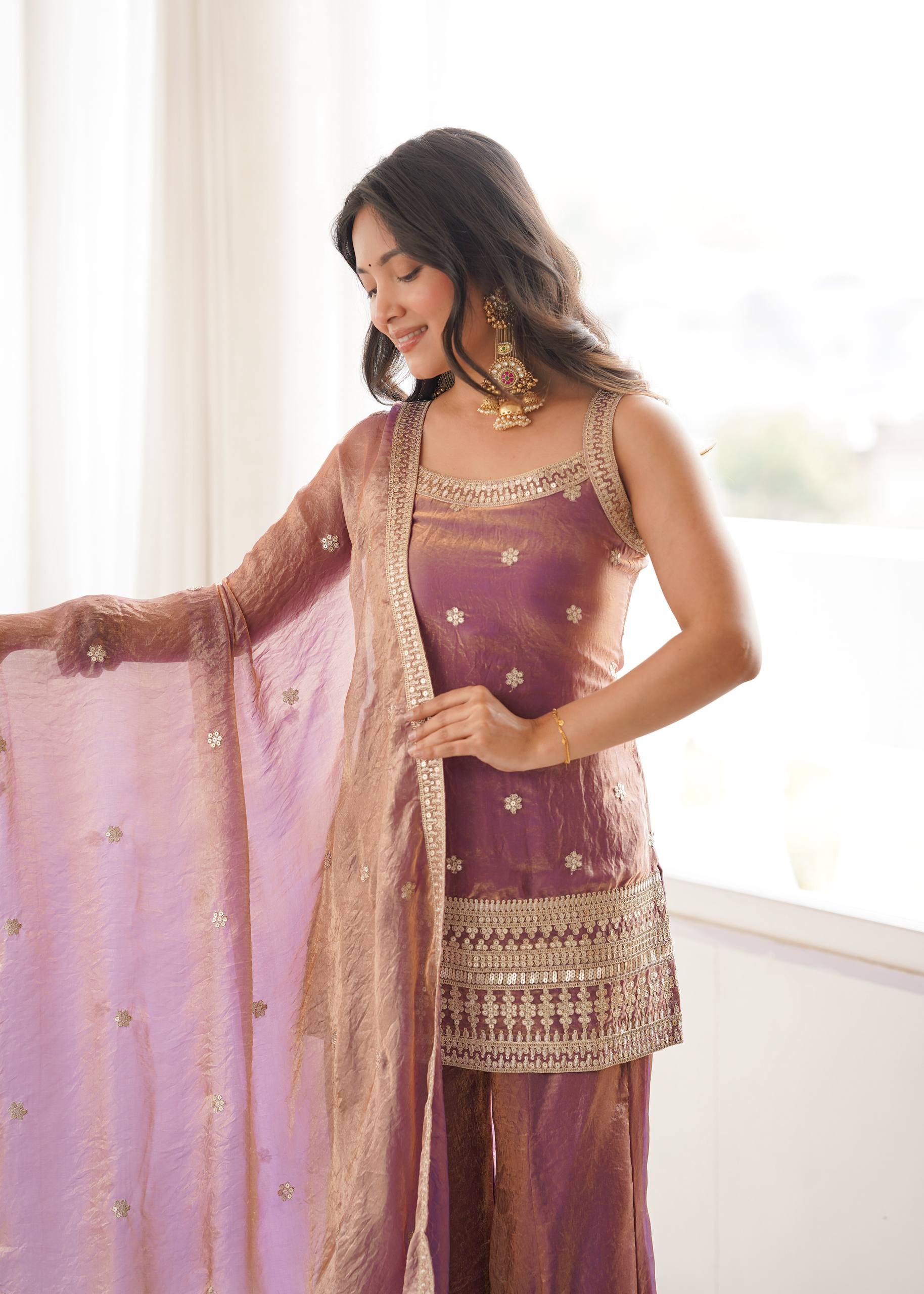 Embroidered Fendy Silk Kurta Palazzo Set with Dupatta