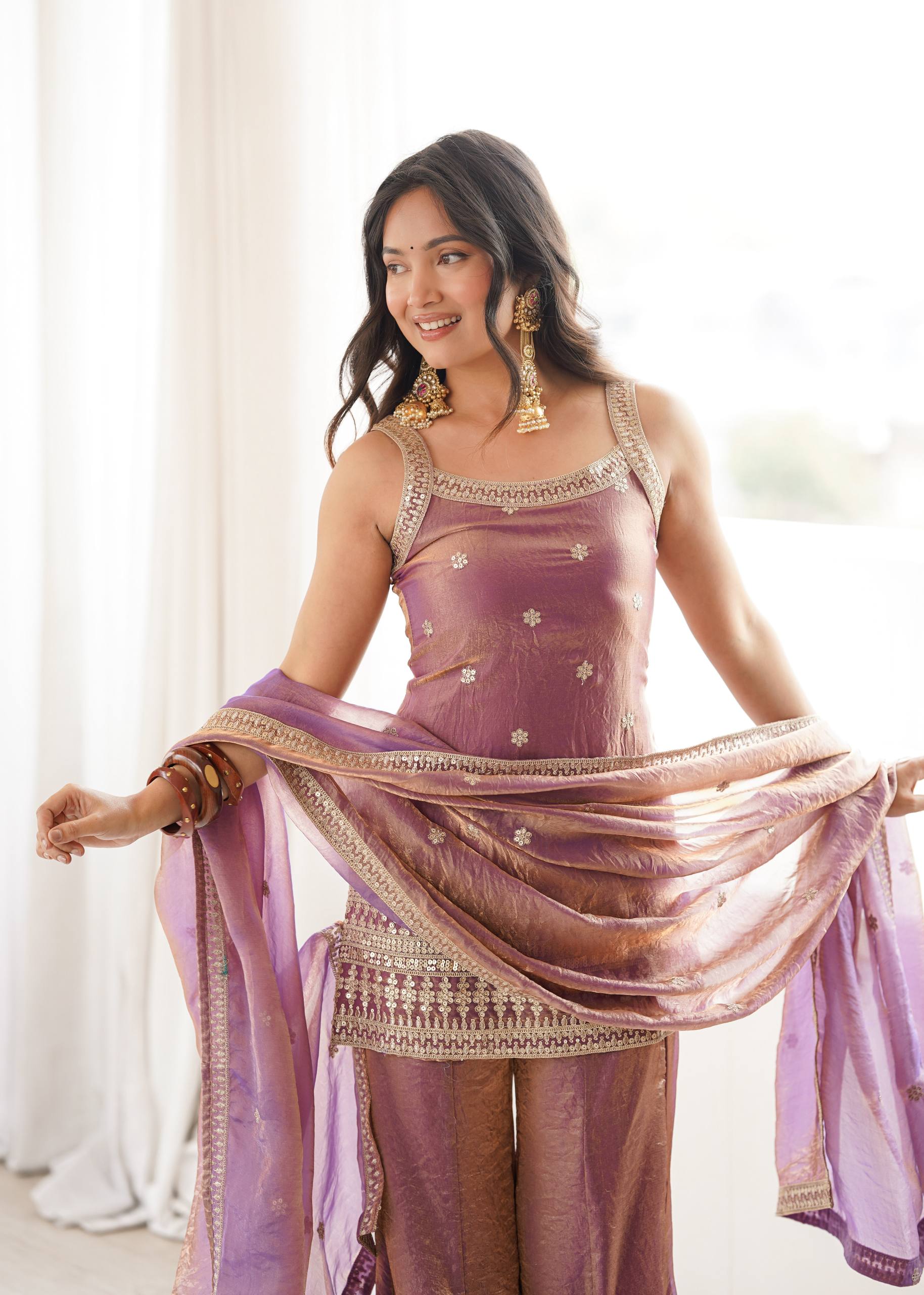 Embroidered Fendy Silk Kurta Palazzo Set with Dupatta
