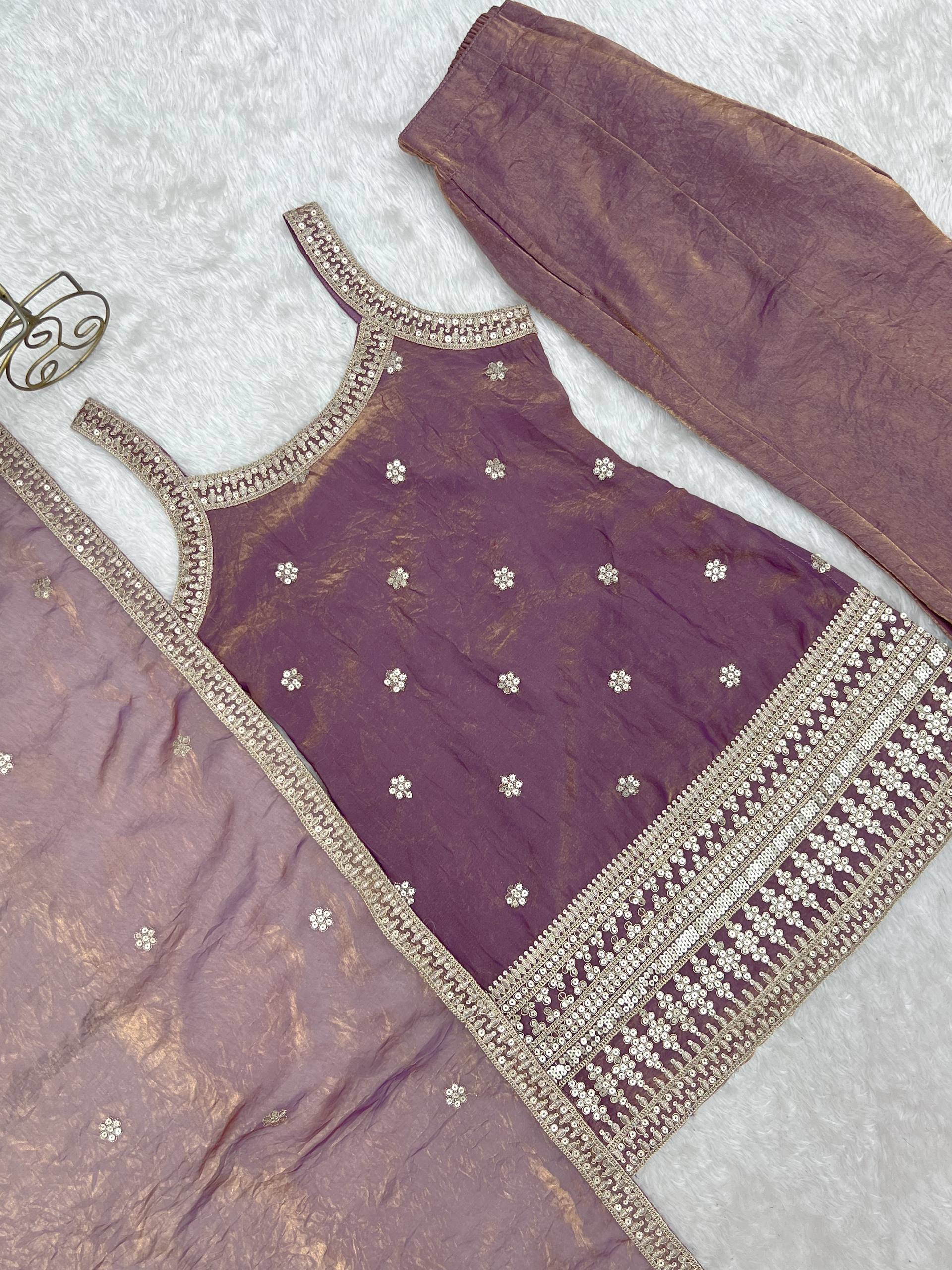 Embroidered Fendy Silk Kurta Palazzo Set with Dupatta