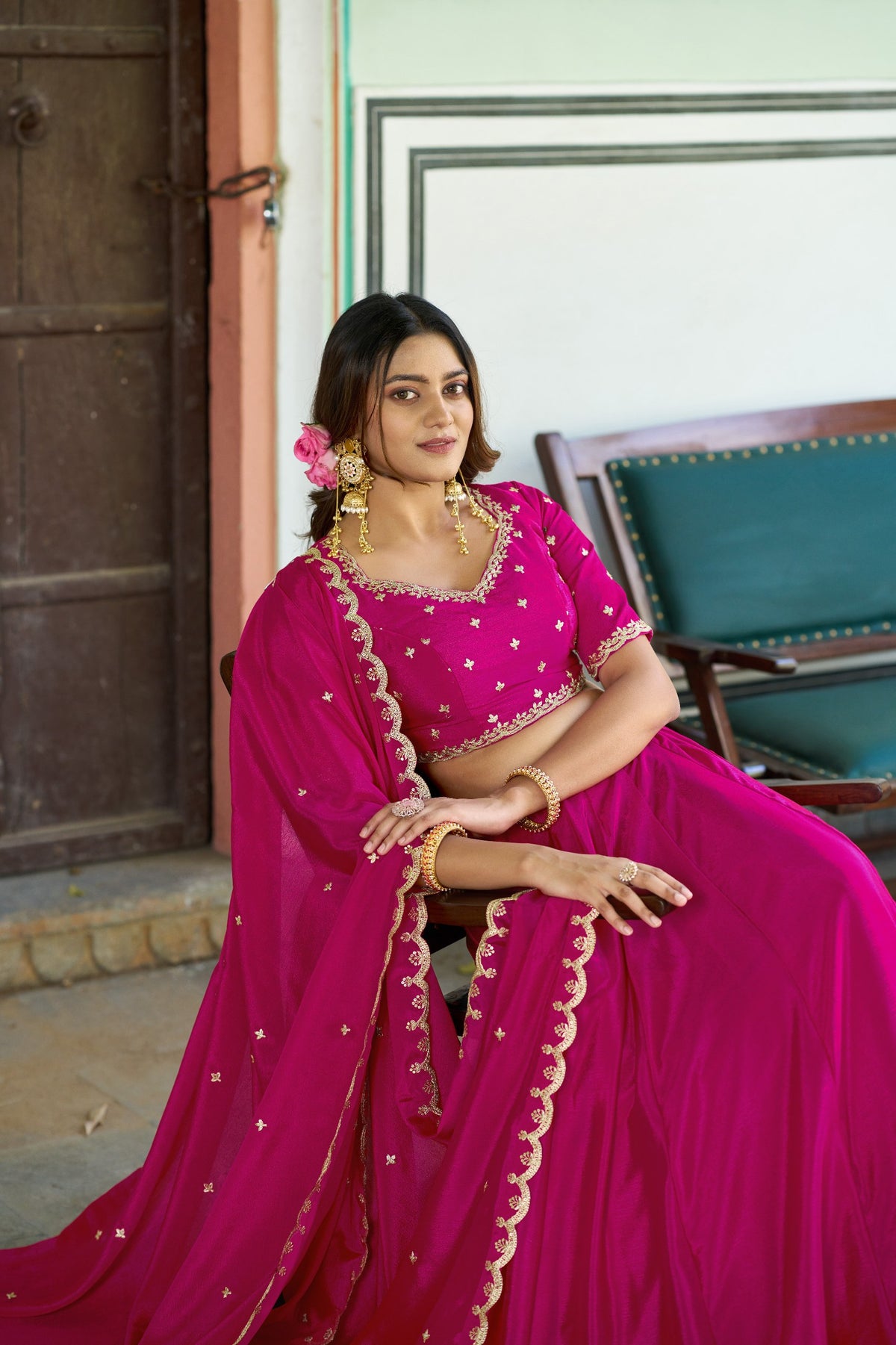 Designer Chinon Embroidered Lehenga Choli Set