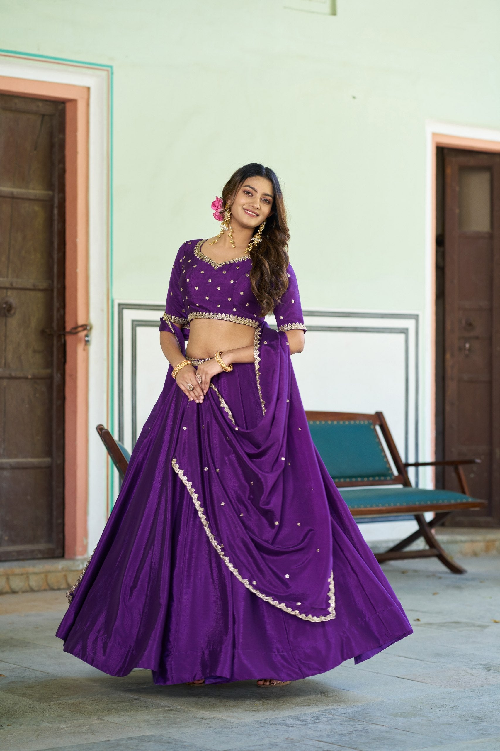 Designer Chinon Embroidered Lehenga Choli Set