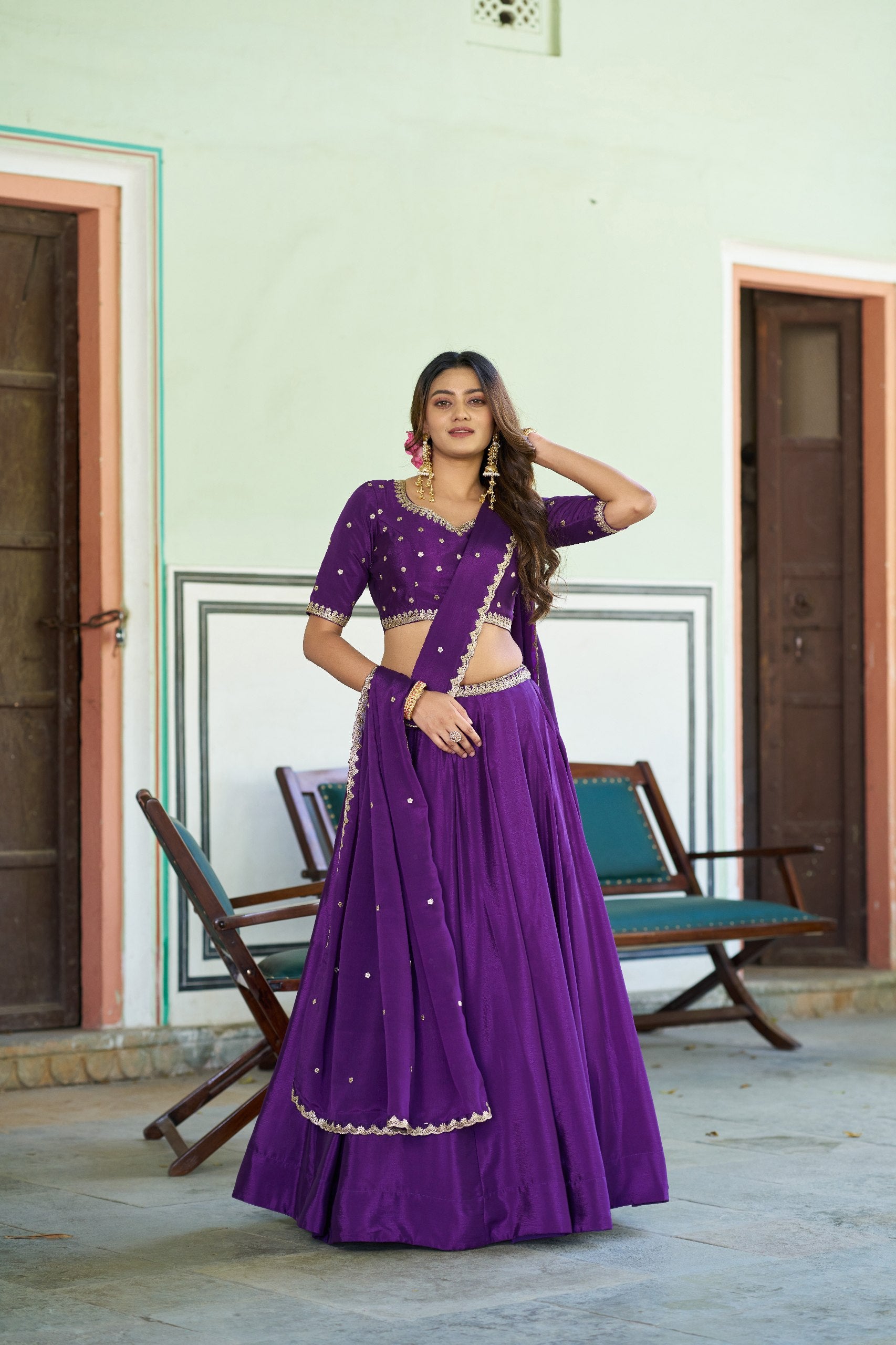 Designer Chinon Embroidered Lehenga Choli Set