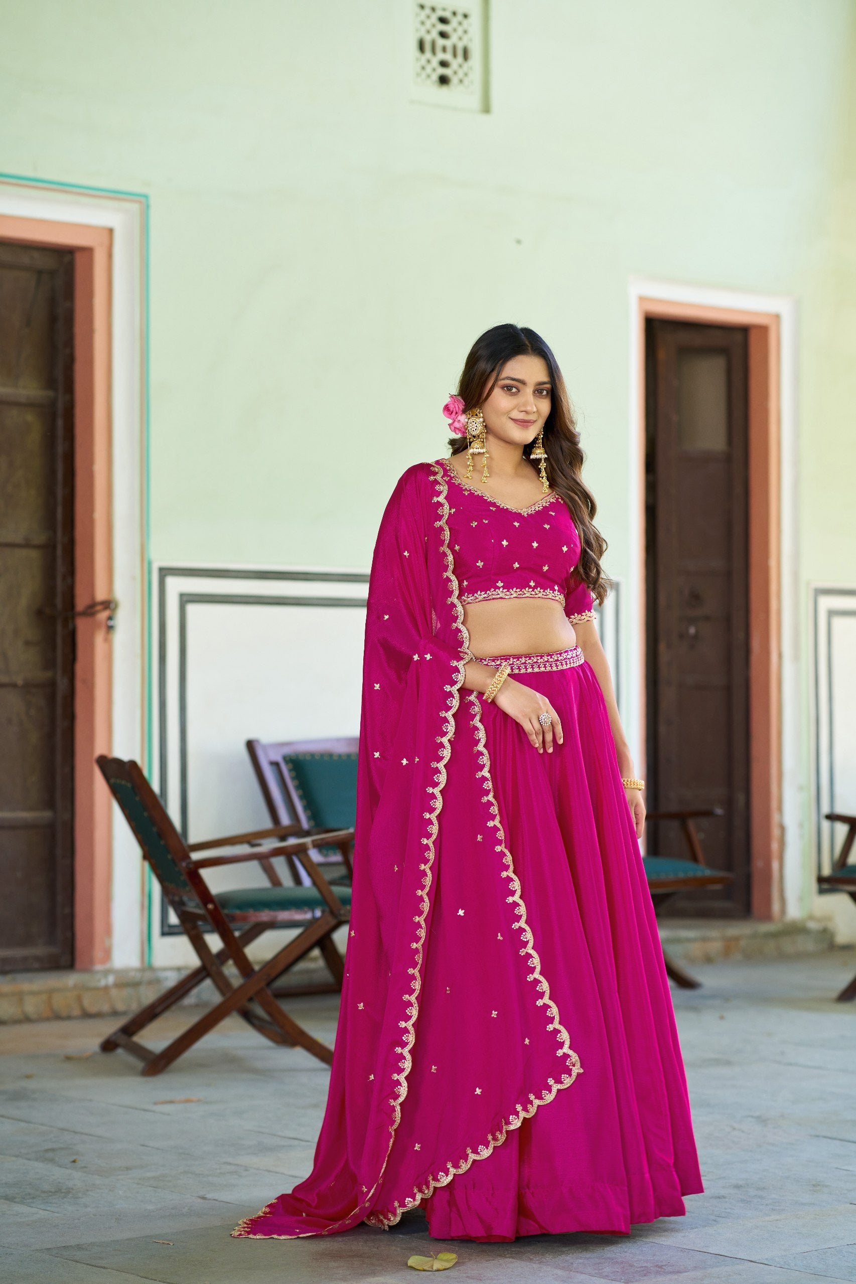 Designer Chinon Embroidered Lehenga Choli Set