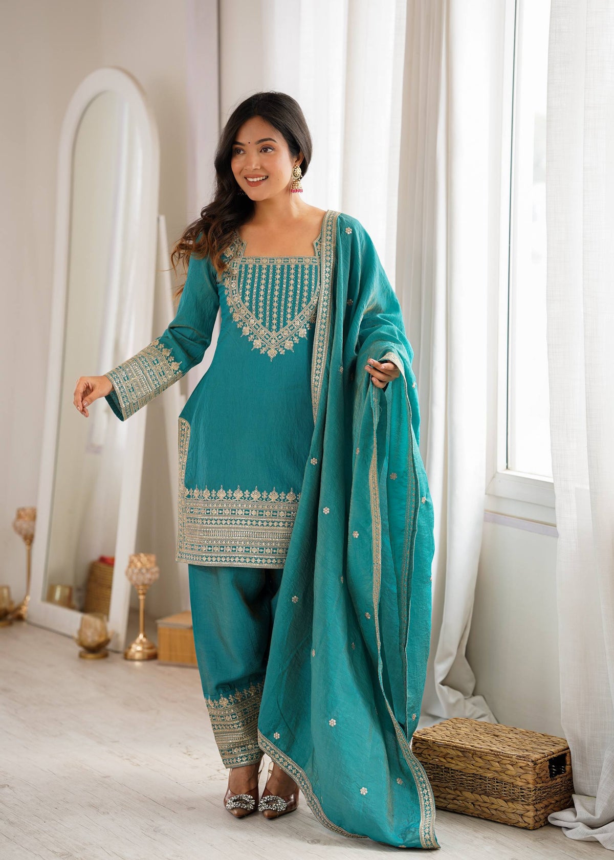 Vichitra Silk Embroidered Kurta Set with Farsi Salwar & Dupatta
