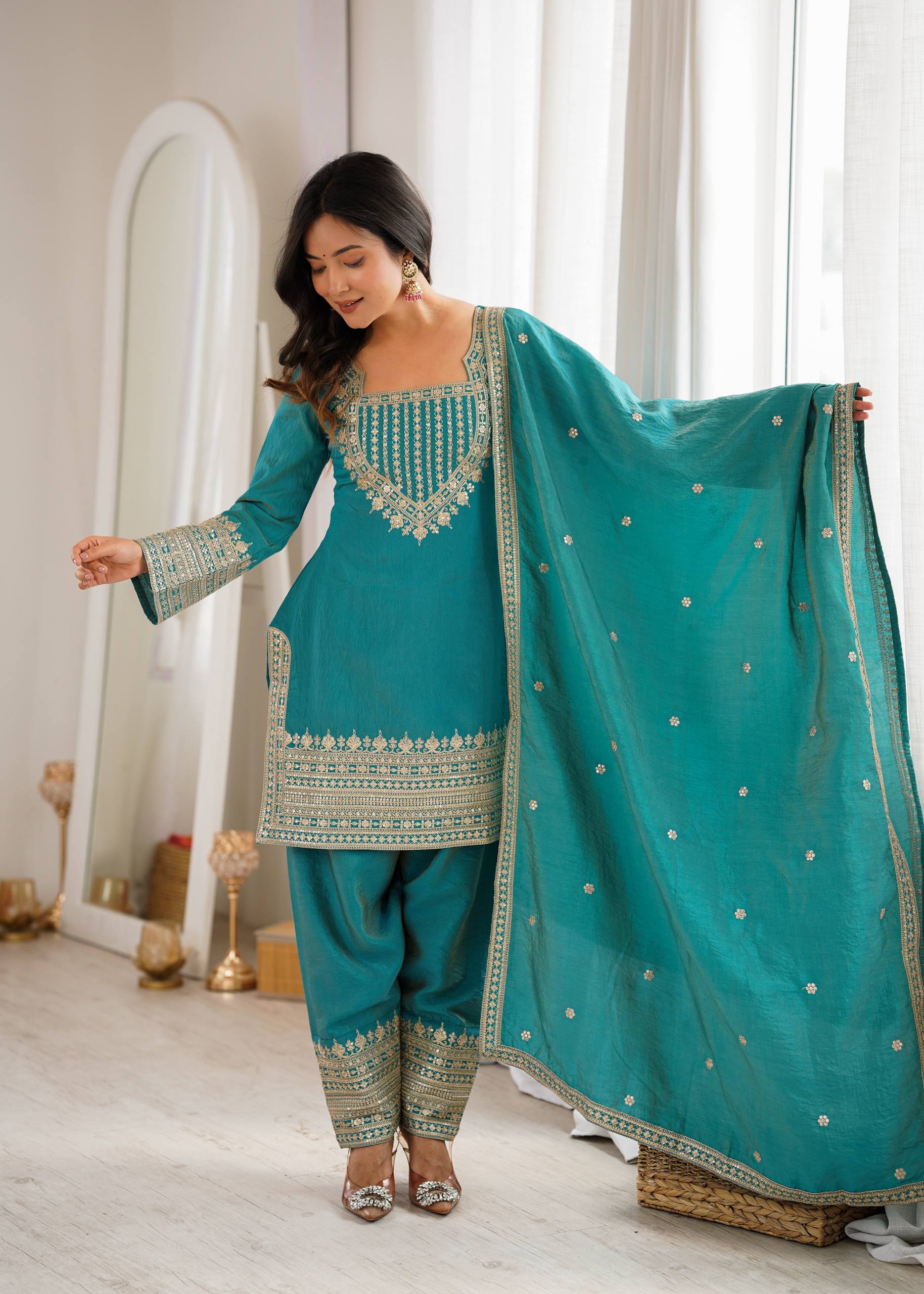 Vichitra Silk Embroidered Kurta Set with Farsi Salwar & Dupatta