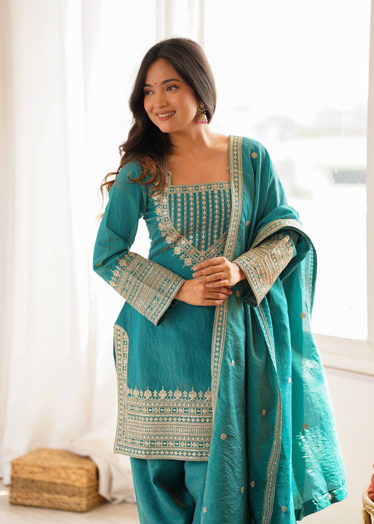 Vichitra Silk Embroidered Kurta Set with Farsi Salwar & Dupatta