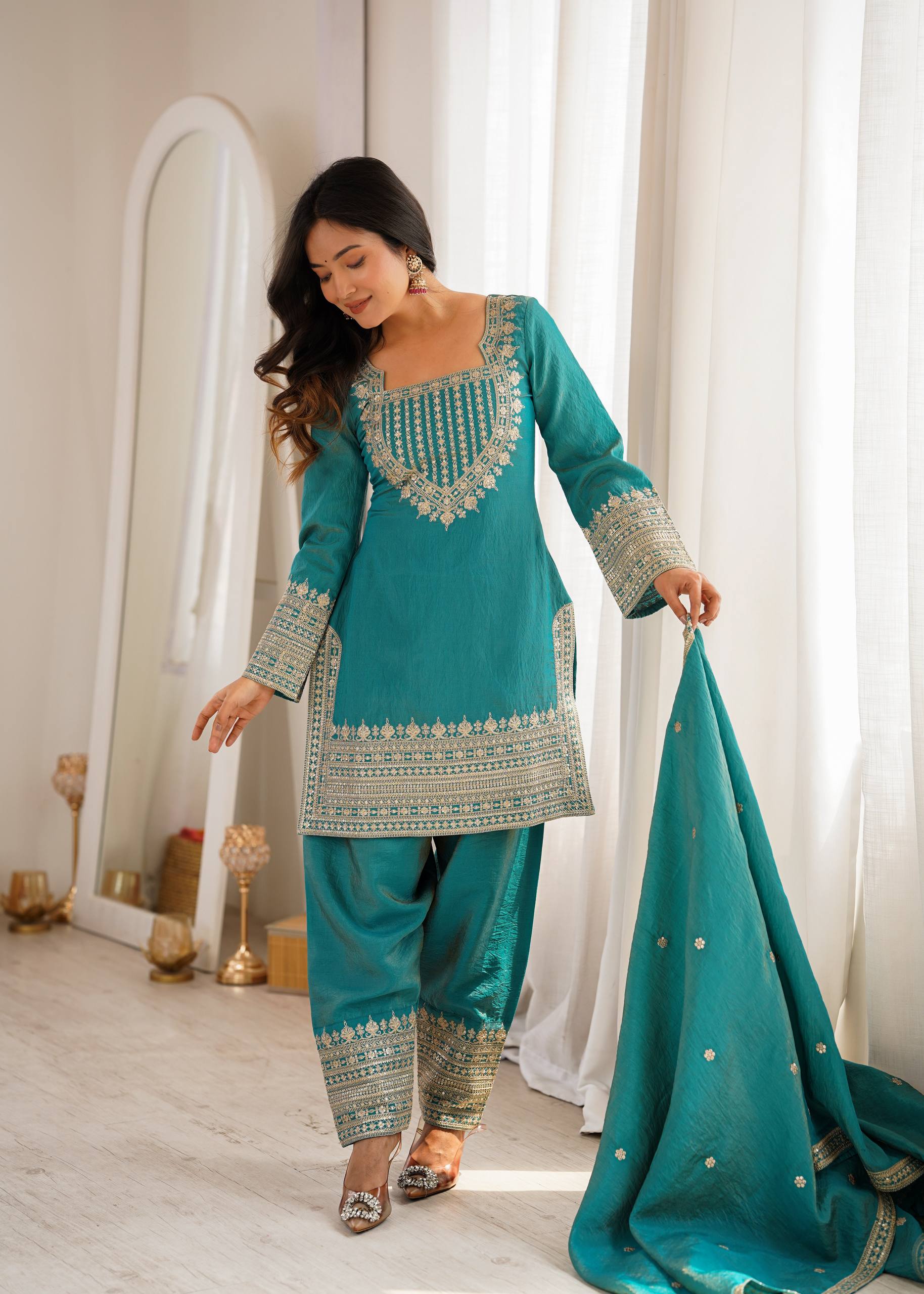Vichitra Silk Embroidered Kurta Set with Farsi Salwar & Dupatta