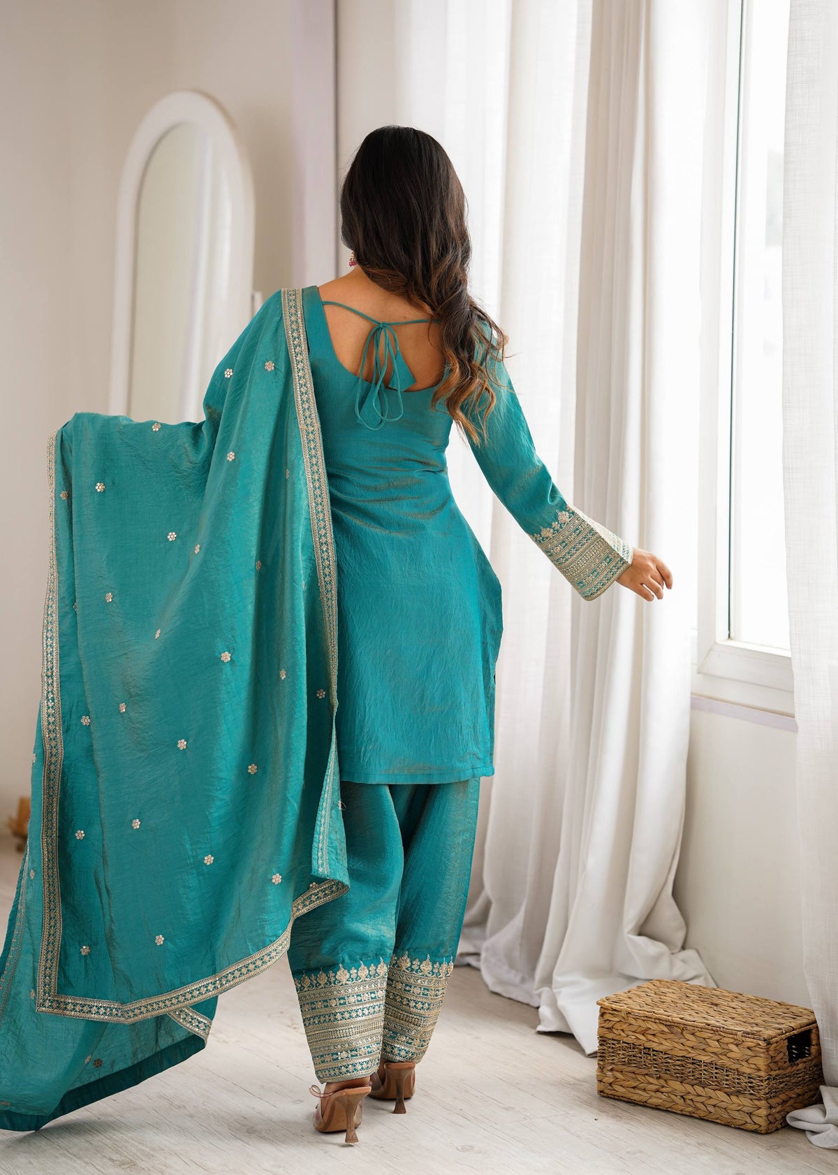 Vichitra Silk Embroidered Kurta Set with Farsi Salwar & Dupatta