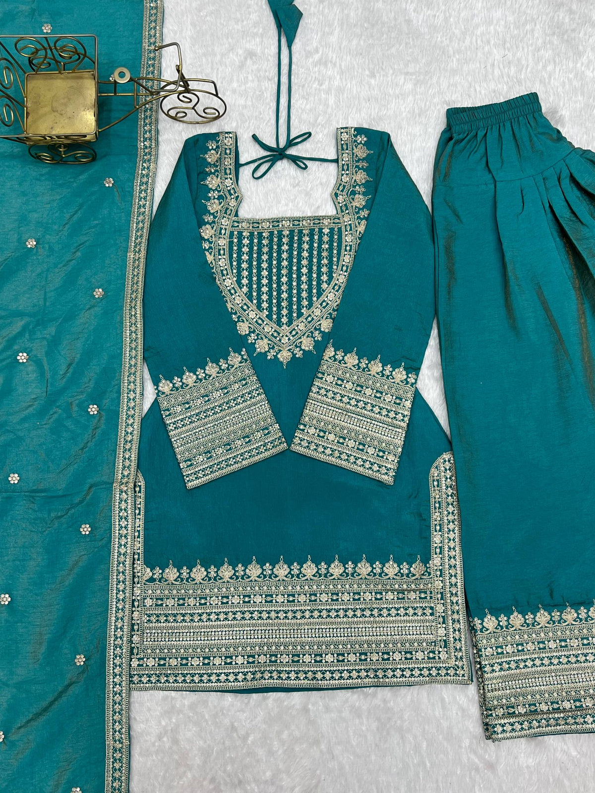 Vichitra Silk Embroidered Kurta Set with Farsi Salwar & Dupatta