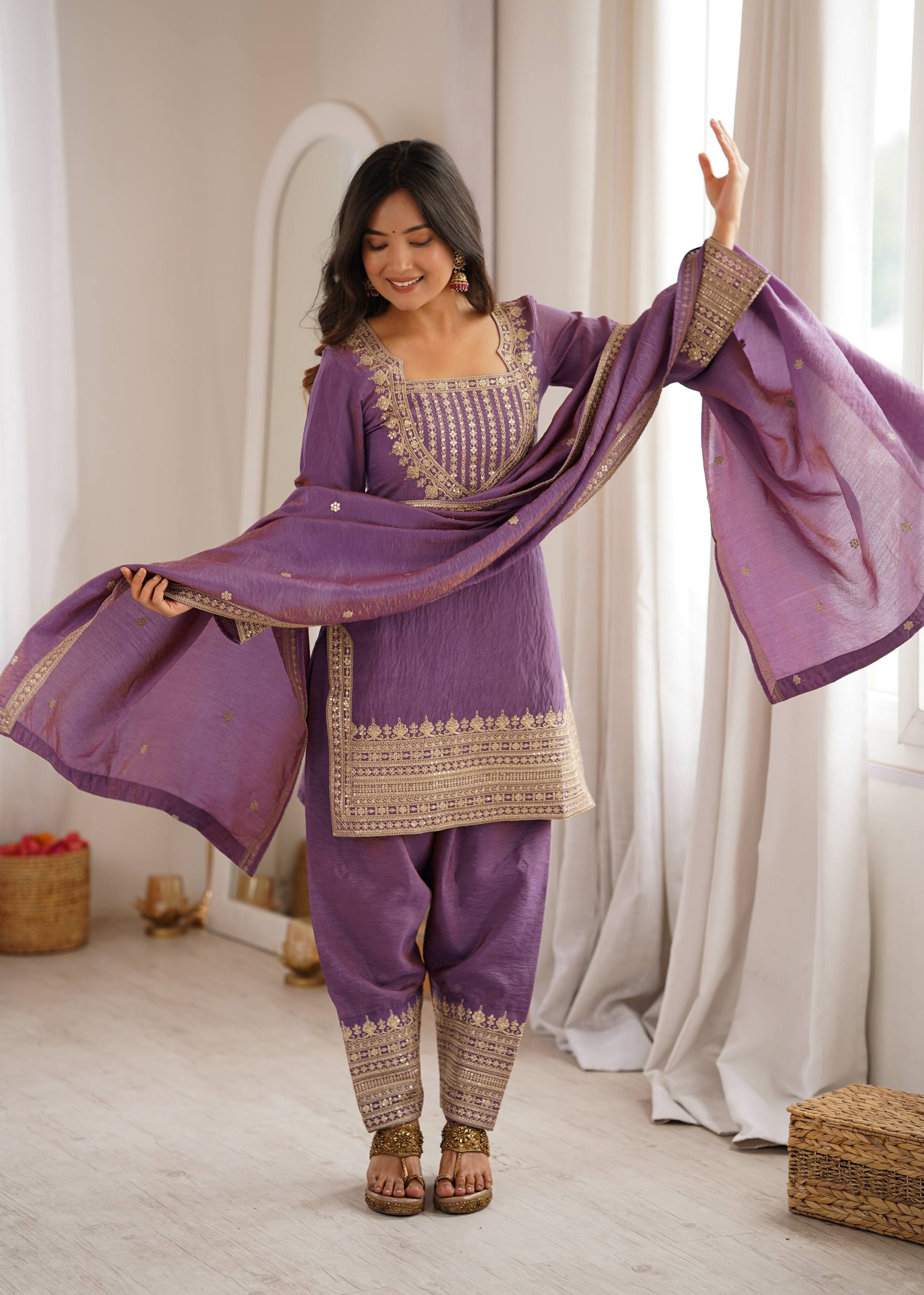Vichitra Silk Embroidered Kurta Set with Farsi Salwar & Dupatta