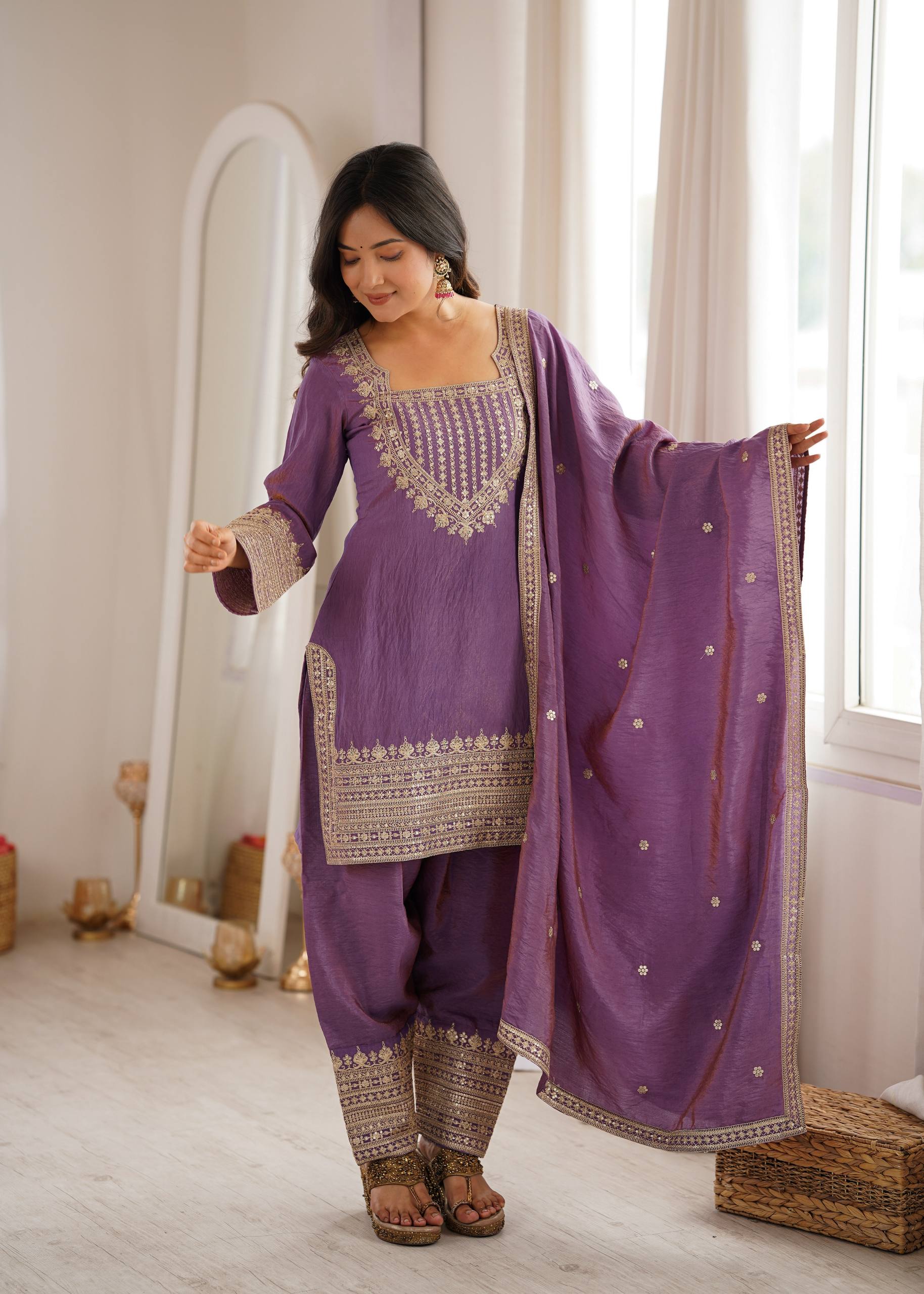 Vichitra Silk Embroidered Kurta Set with Farsi Salwar & Dupatta