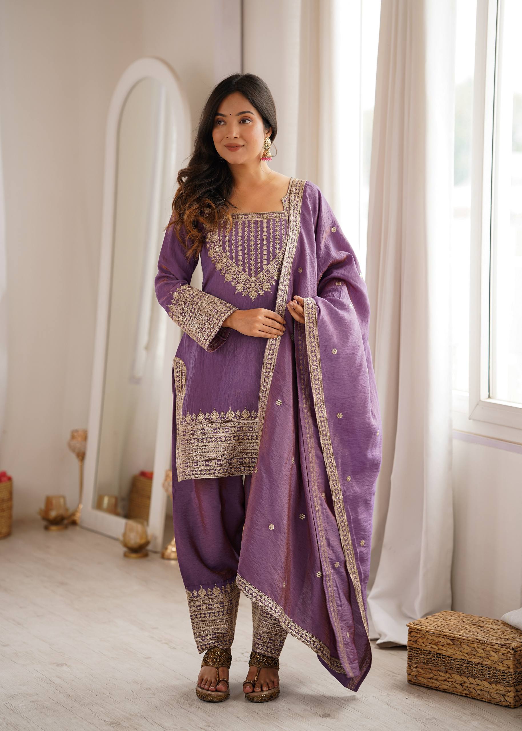 Vichitra Silk Embroidered Kurta Set with Farsi Salwar & Dupatta