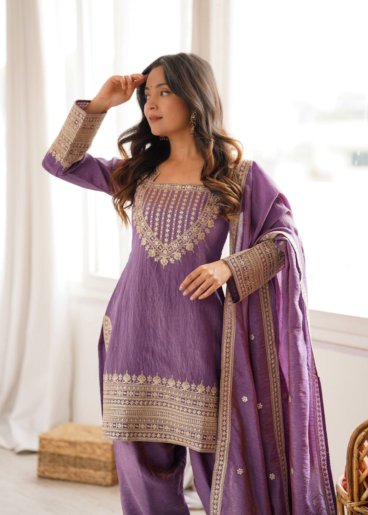 Vichitra Silk Embroidered Kurta Set with Farsi Salwar & Dupatta