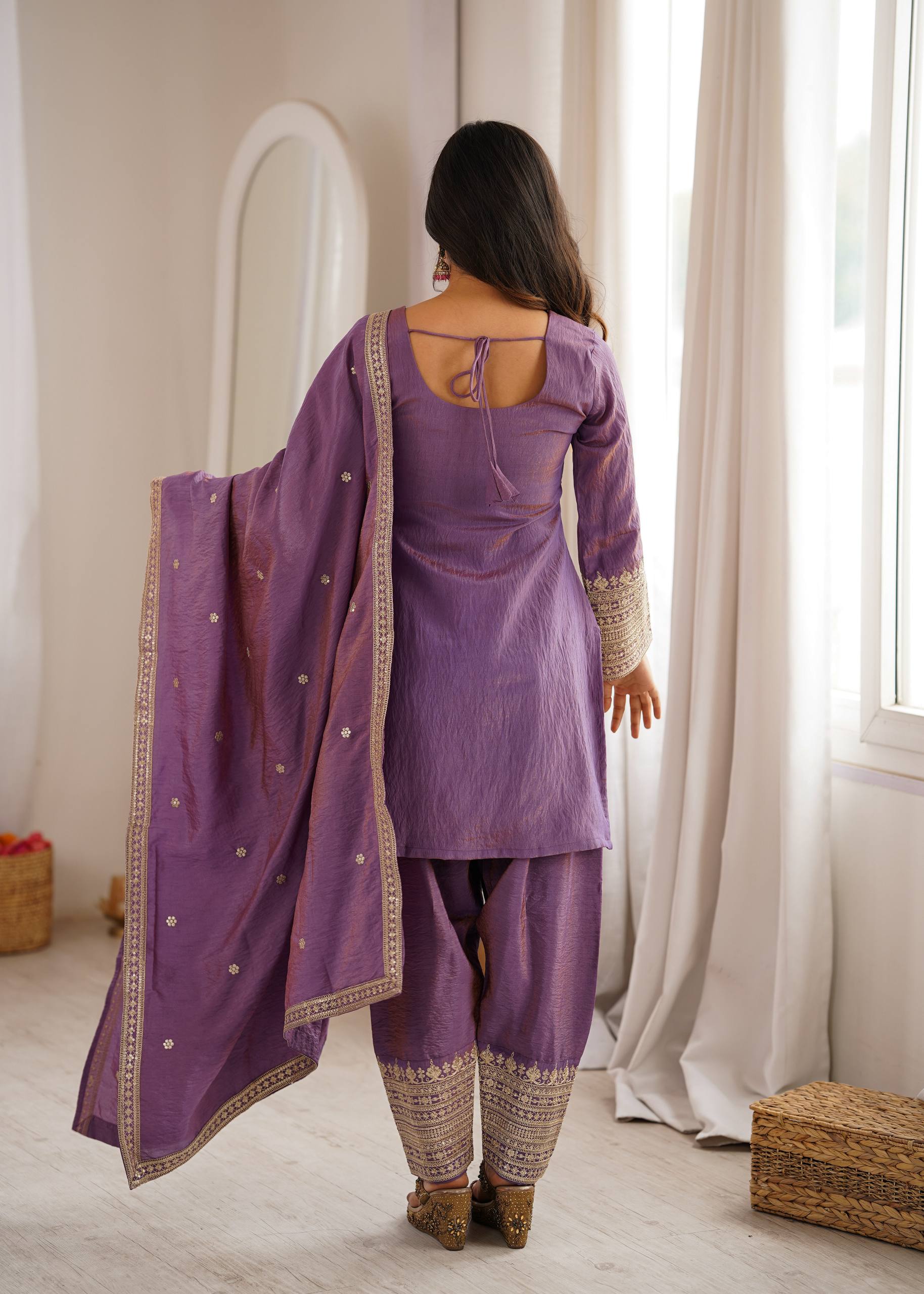 Vichitra Silk Embroidered Kurta Set with Farsi Salwar & Dupatta