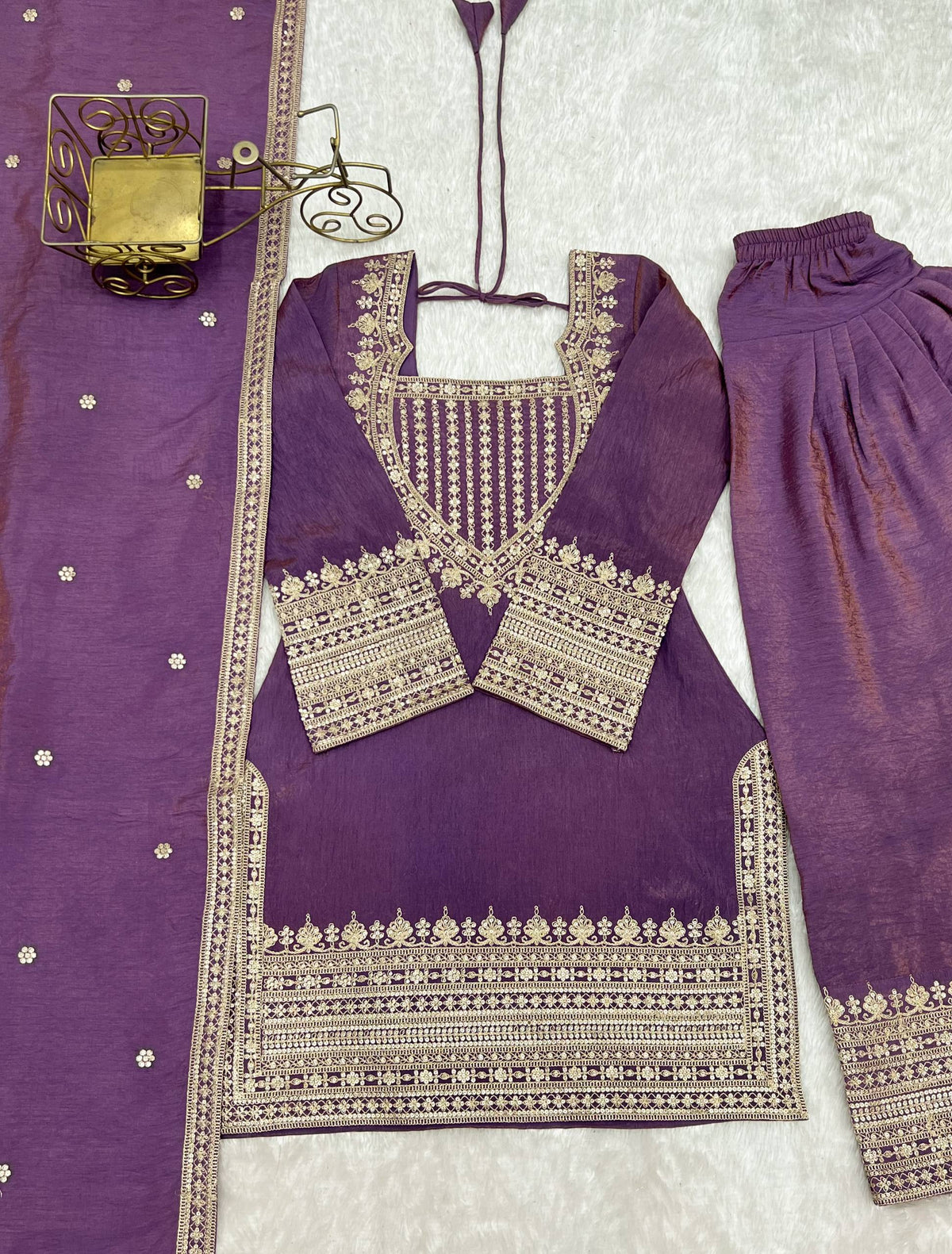 Vichitra Silk Embroidered Kurta Set with Farsi Salwar & Dupatta