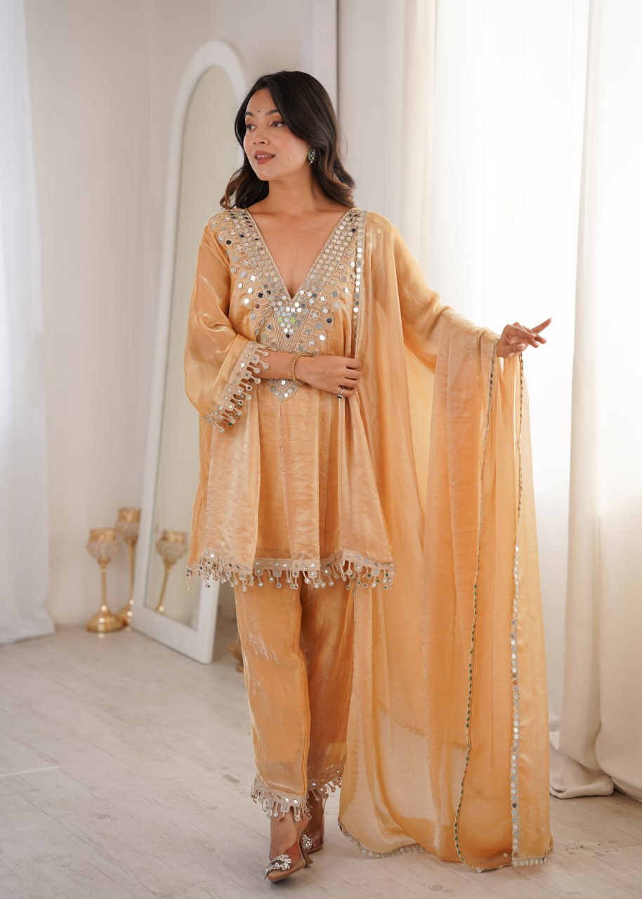 Designer Mirror Work Kurti Pant Dupatta Set