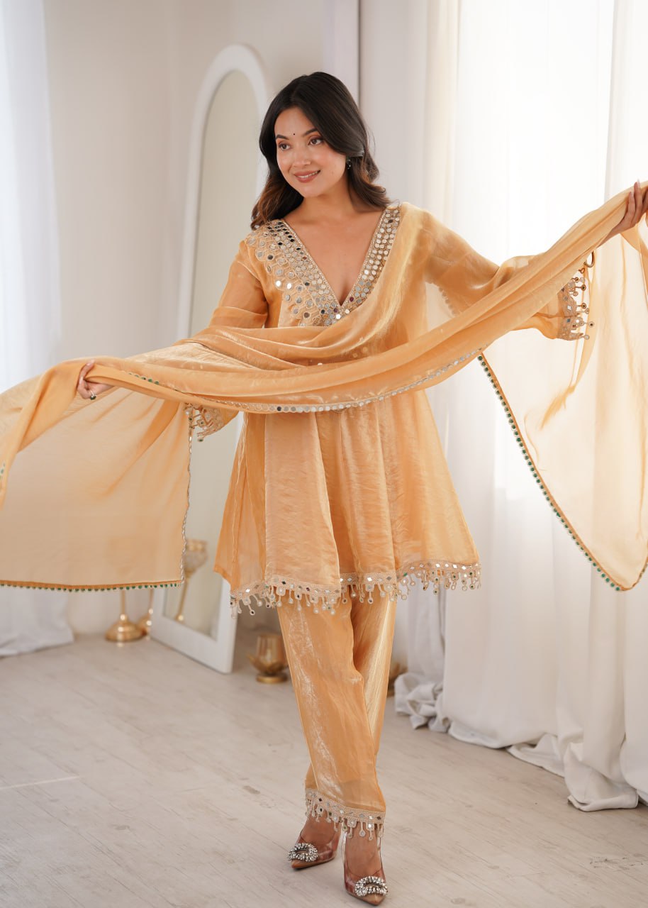 Designer Mirror Work Kurti Pant Dupatta Set