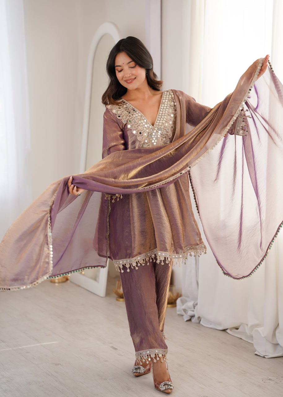 Designer Mirror Work Kurti Pant Dupatta Set