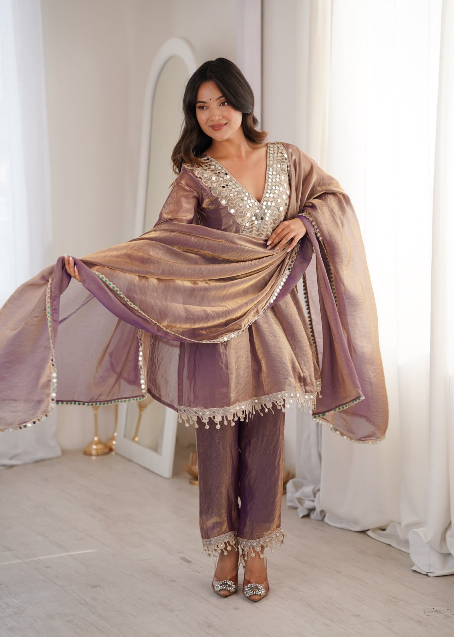 Designer Mirror Work Kurti Pant Dupatta Set
