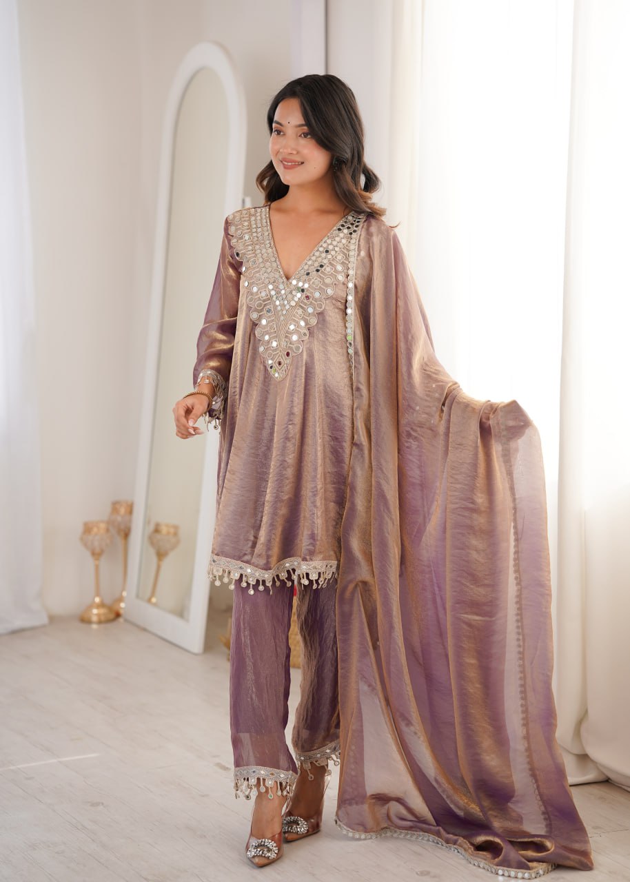 Designer Mirror Work Kurti Pant Dupatta Set