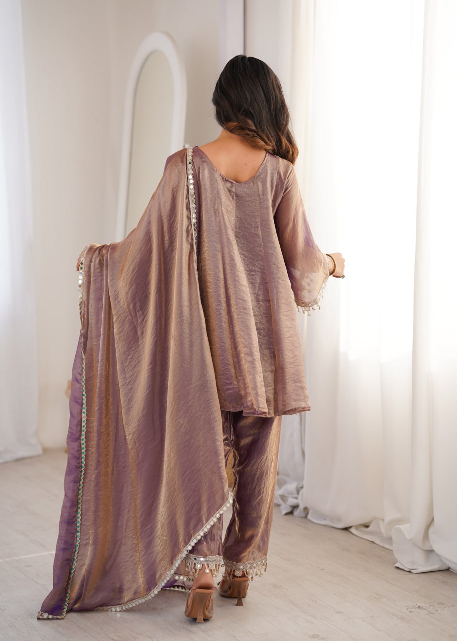 Designer Mirror Work Kurti Pant Dupatta Set