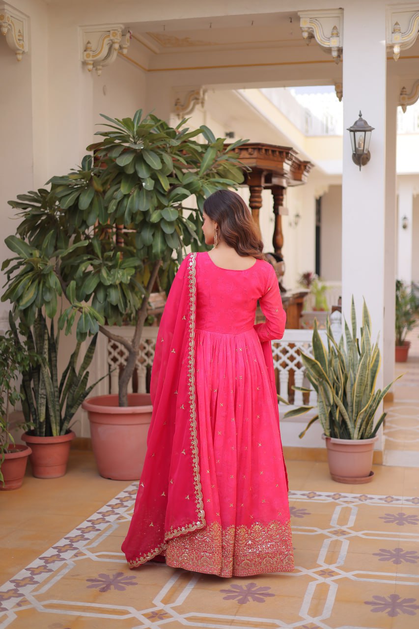 Designer Russian Silk Embroidered Gown Dupatta Set