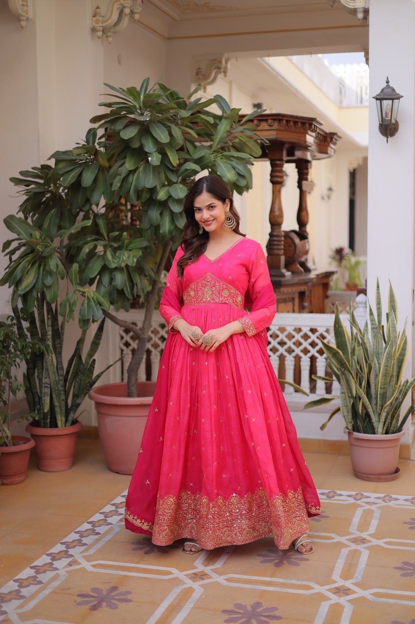 Designer Russian Silk Embroidered Gown Dupatta Set