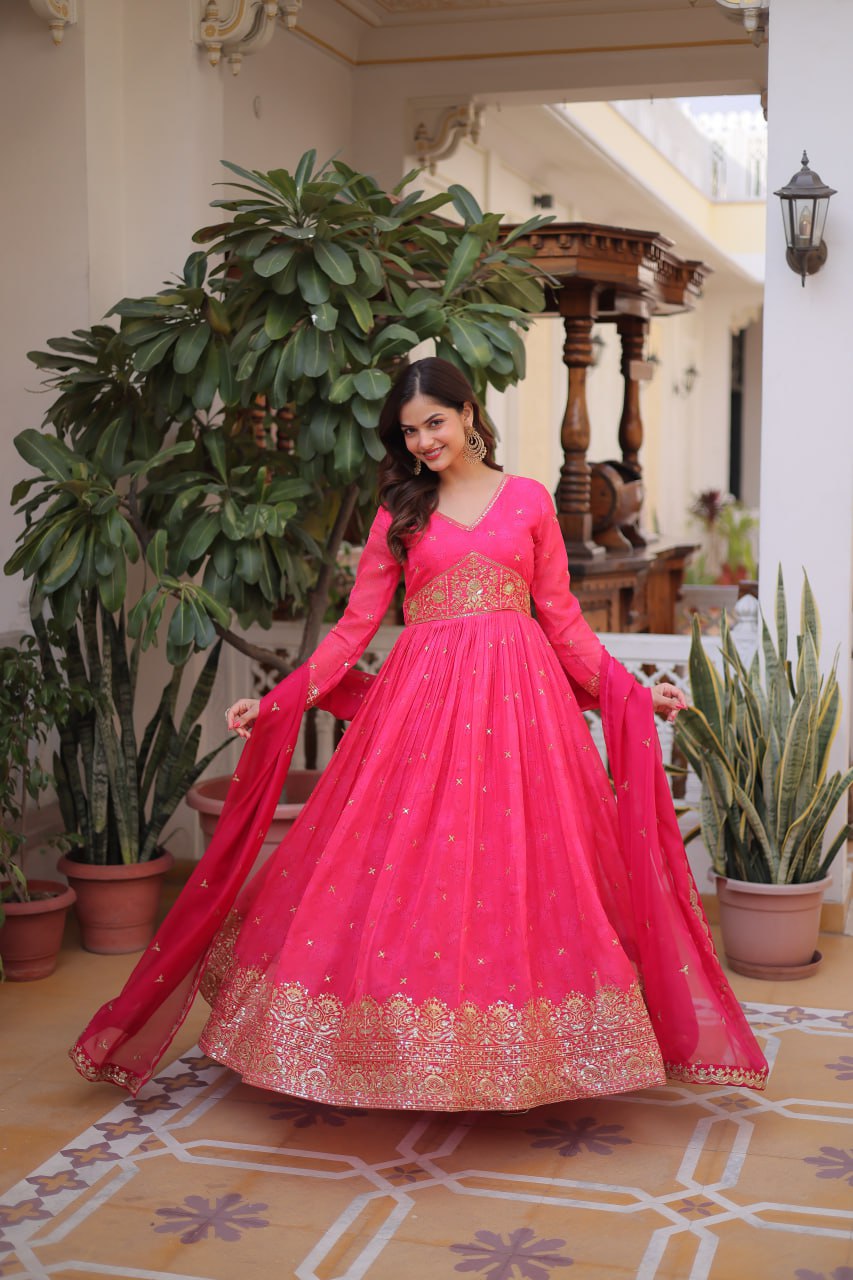 Designer Russian Silk Embroidered Gown Dupatta Set