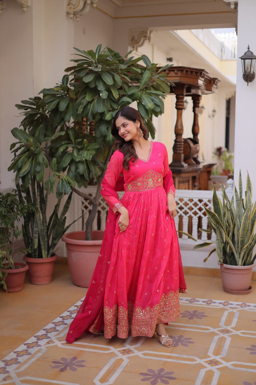 Designer Russian Silk Embroidered Gown Dupatta Set