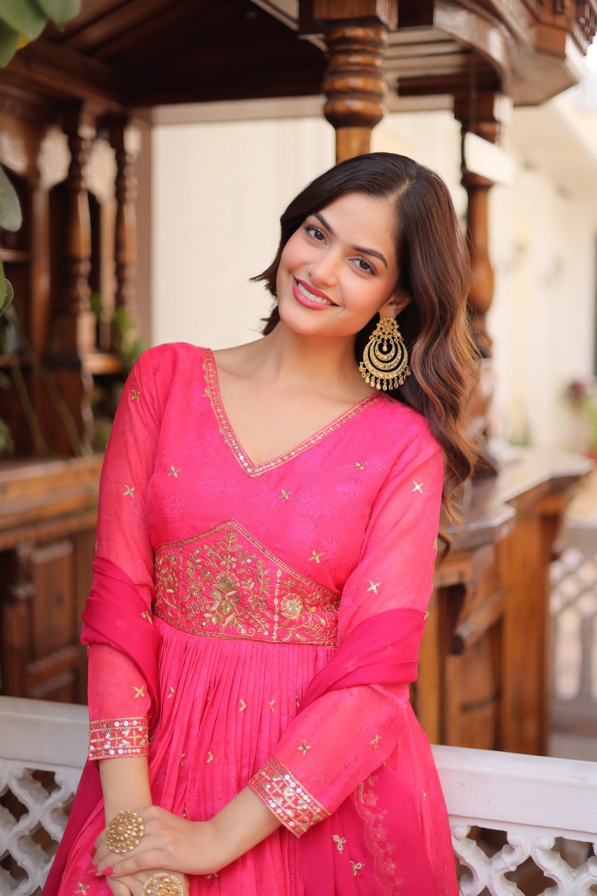 Designer Russian Silk Embroidered Gown Dupatta Set