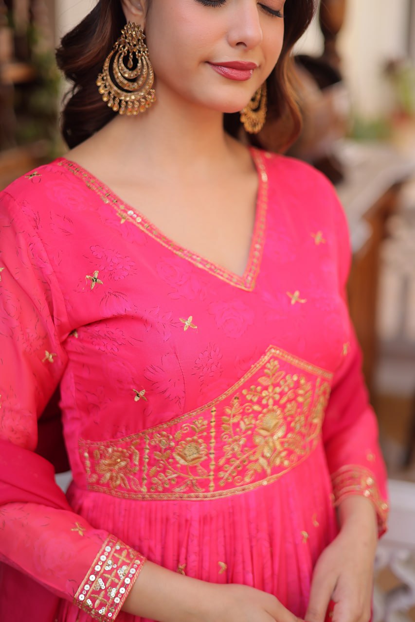 Designer Russian Silk Embroidered Gown Dupatta Set