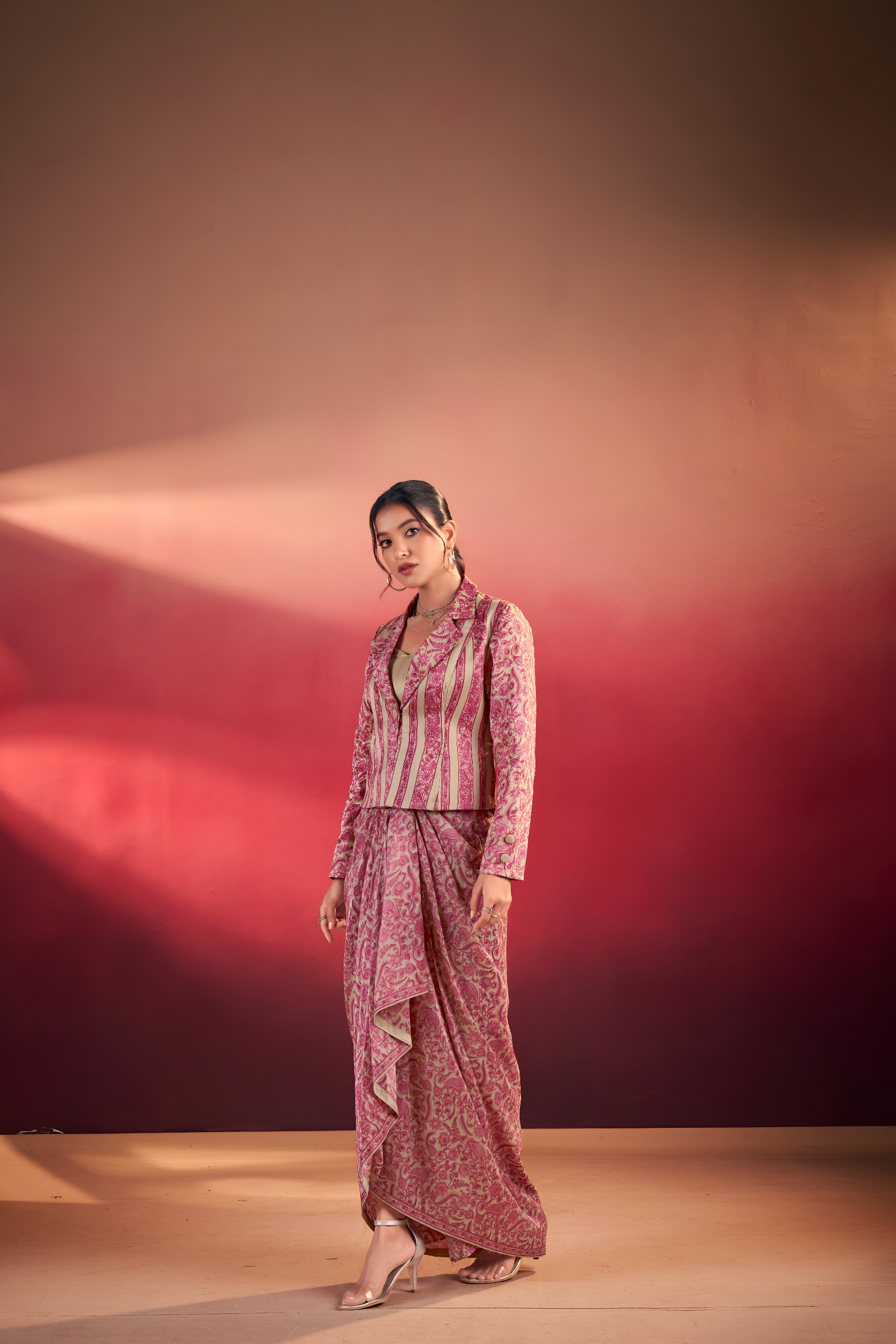 Designer Tasar Silk Printed Layer Top Dhoti Co-Ord Set