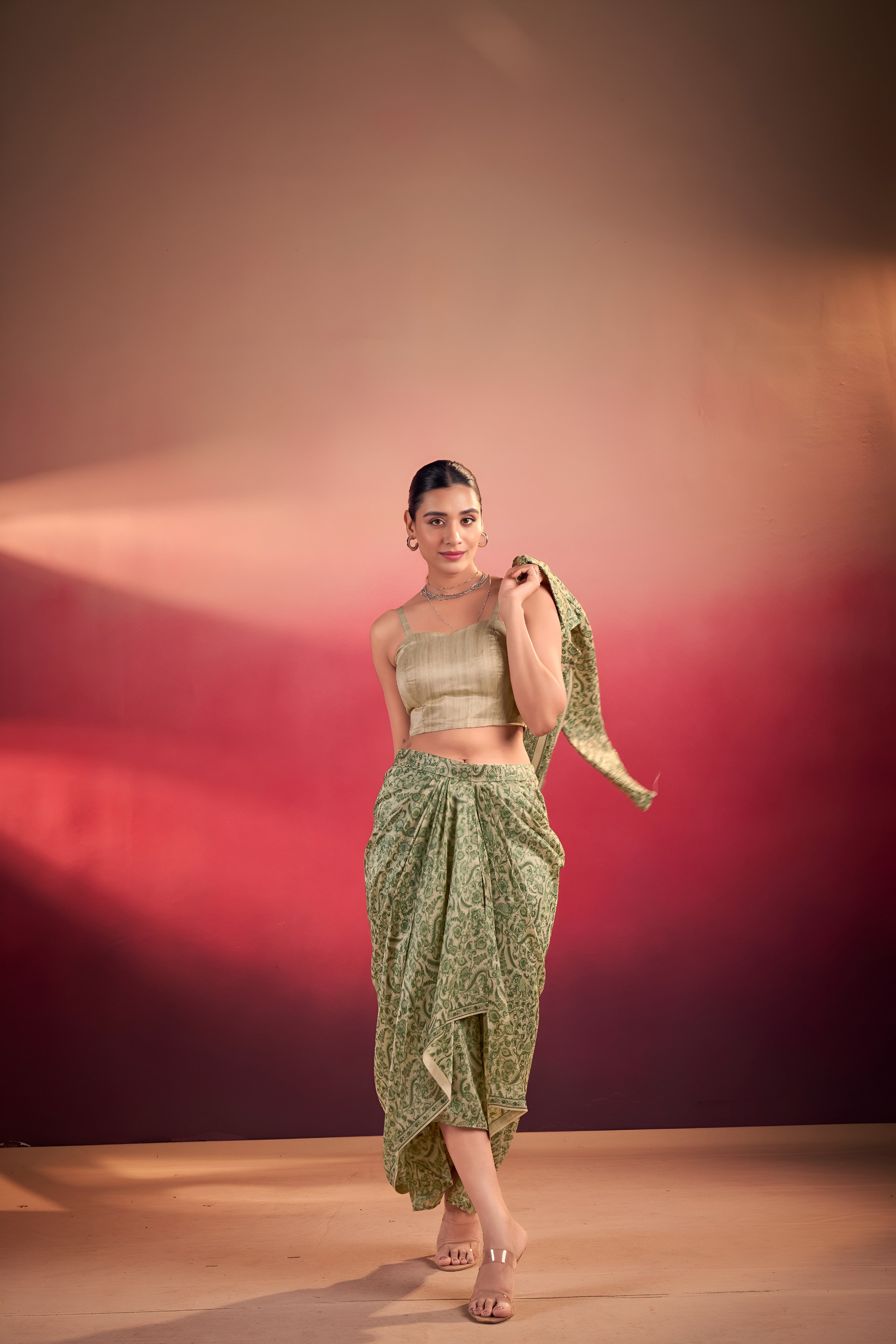 Designer Tasar Silk Printed Layer Top Dhoti Co-Ord Set