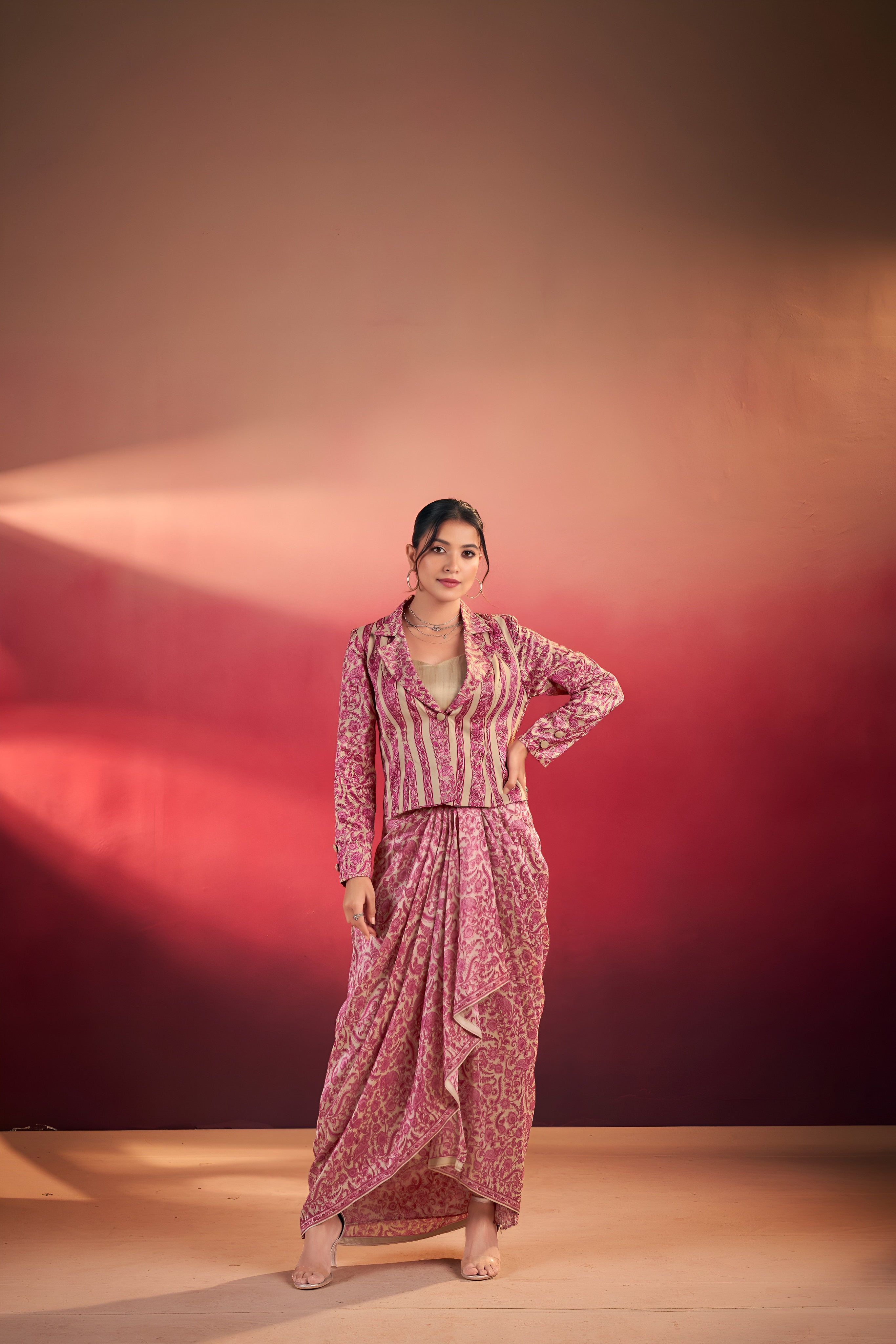 Designer Tasar Silk Printed Layer Top Dhoti Co-Ord Set
