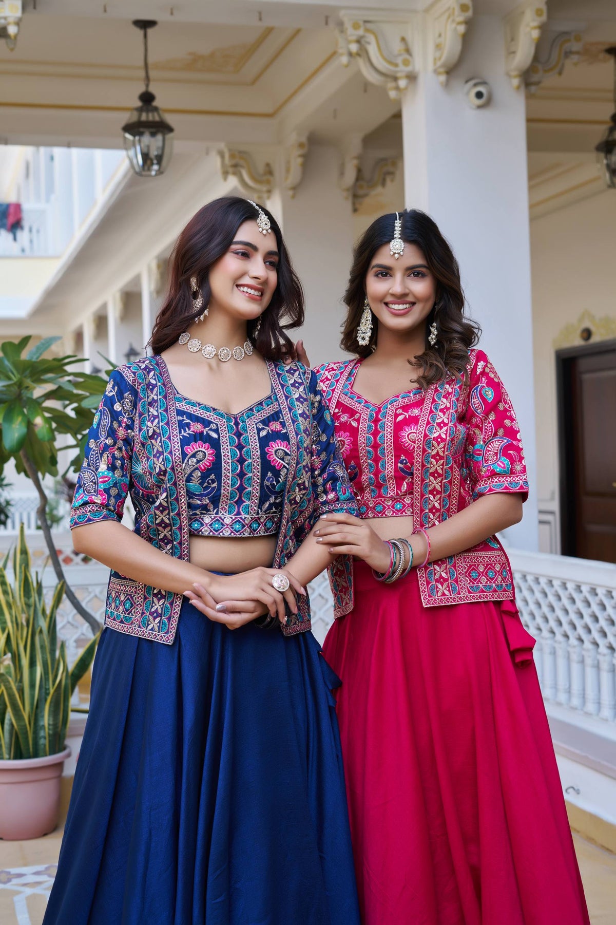 Designer Vichitra Silk Lehenga Choli Embroidered Koti Set