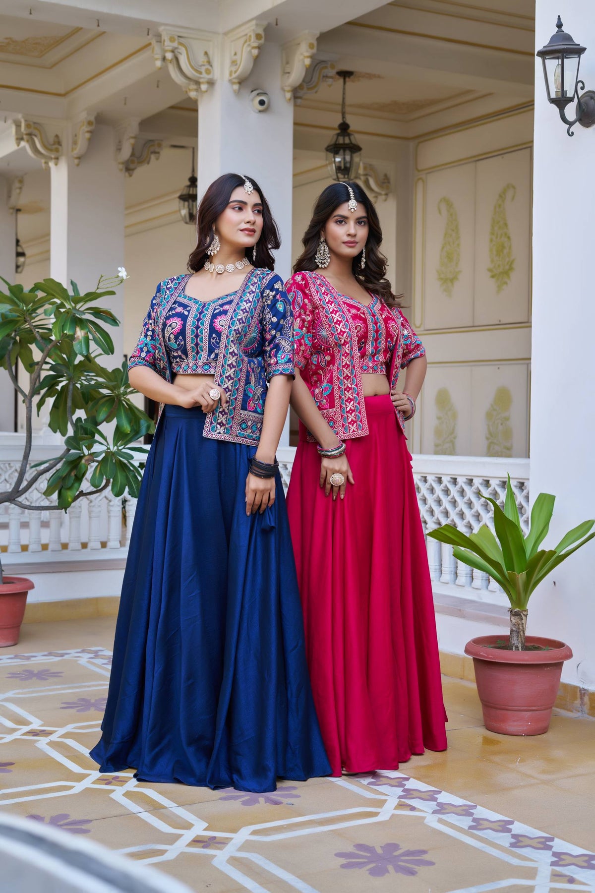 Designer Vichitra Silk Lehenga Choli Embroidered Koti Set