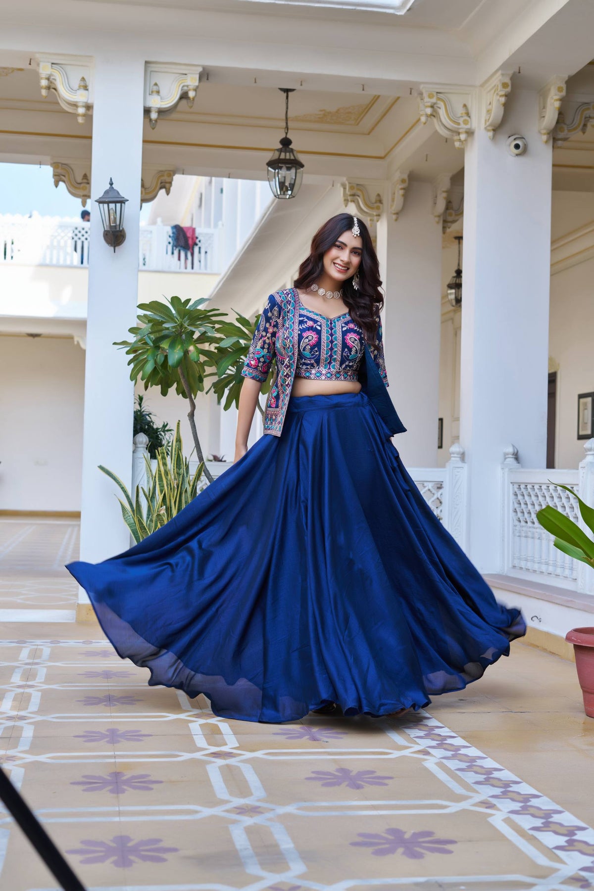 Designer Vichitra Silk Lehenga Choli Embroidered Koti Set
