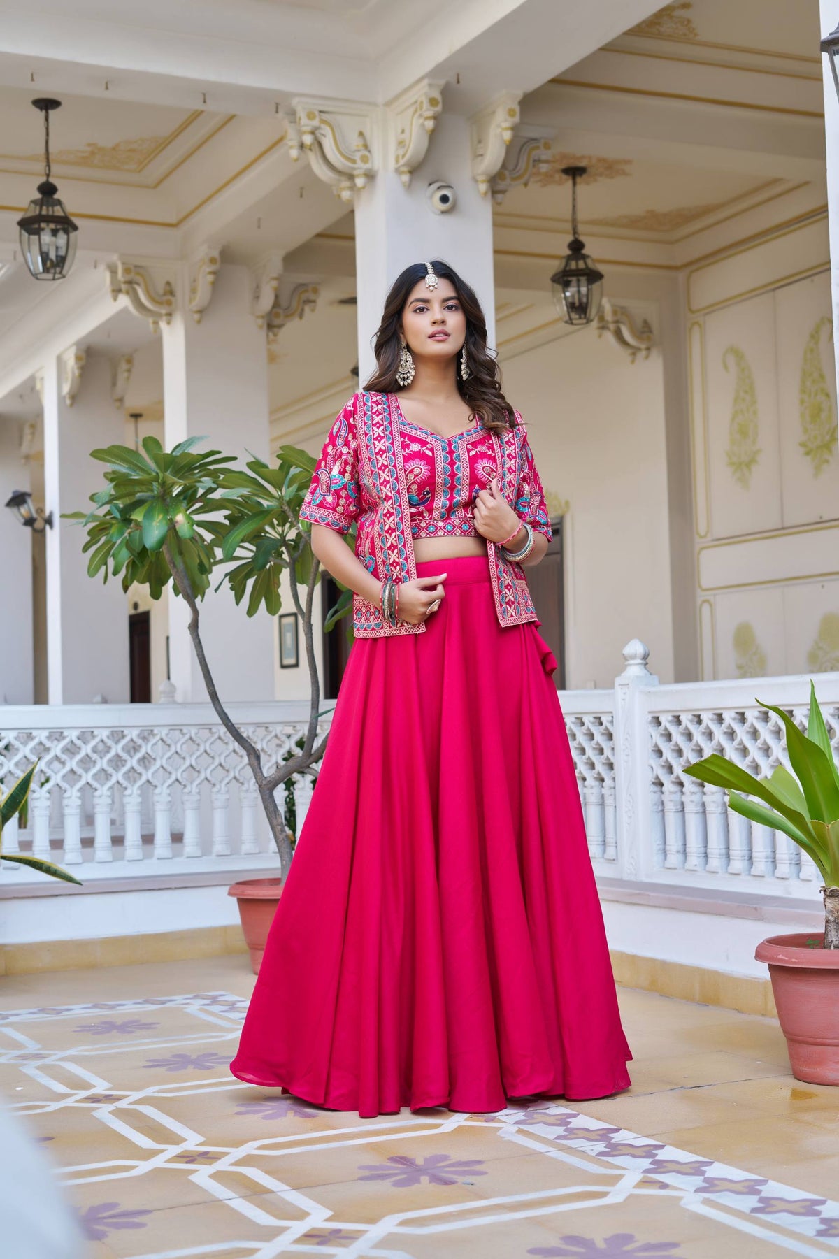Designer Vichitra Silk Lehenga Choli Embroidered Koti Set