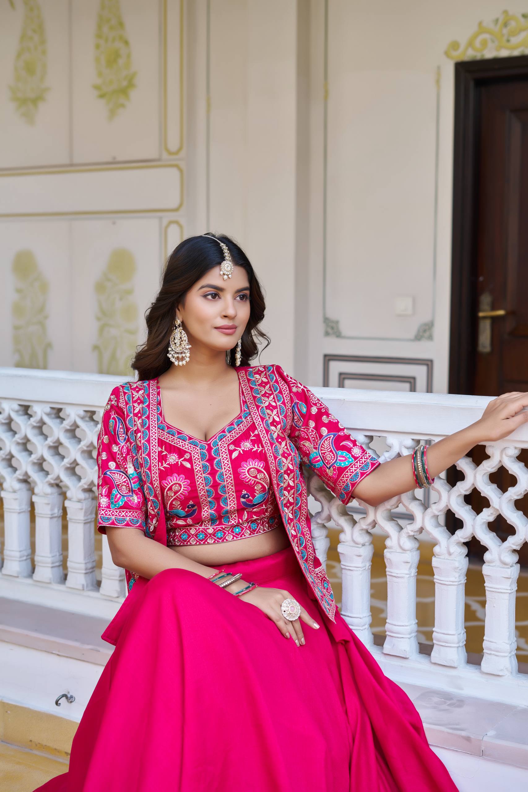 Designer Vichitra Silk Lehenga Choli Embroidered Koti Set
