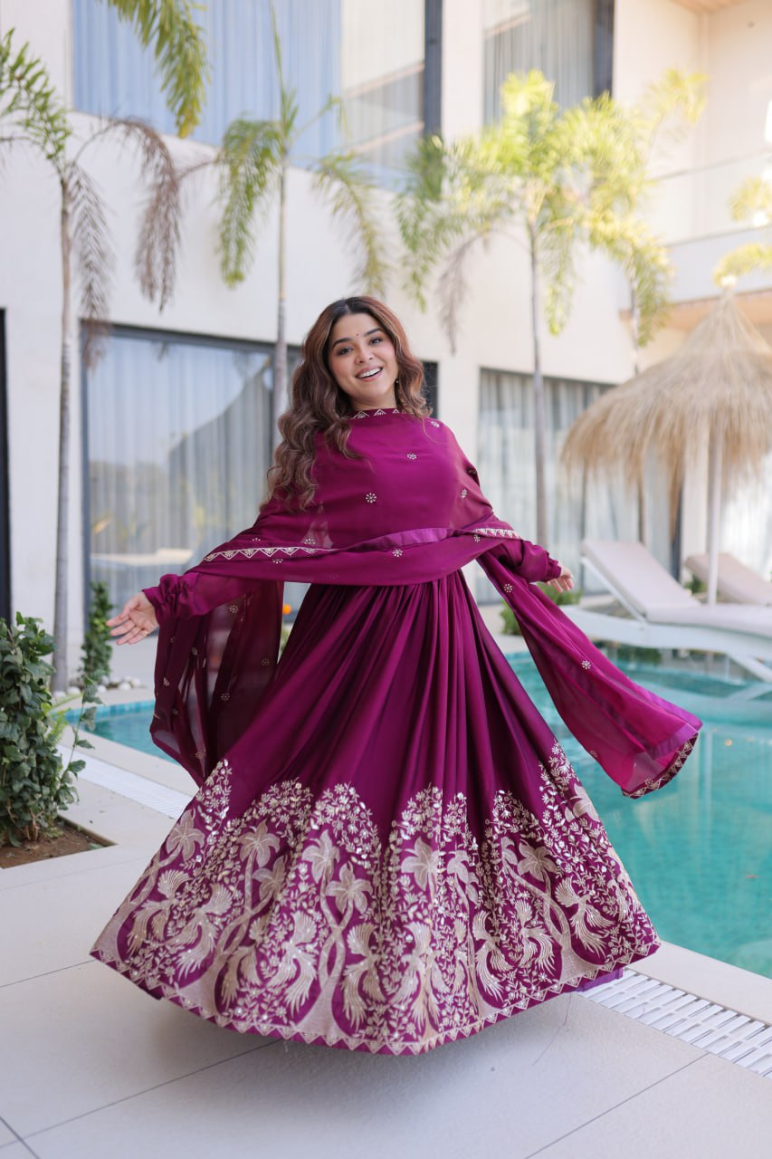 Designer Rangoli Crush Embroidered Anarkali Gown Dupatta Set